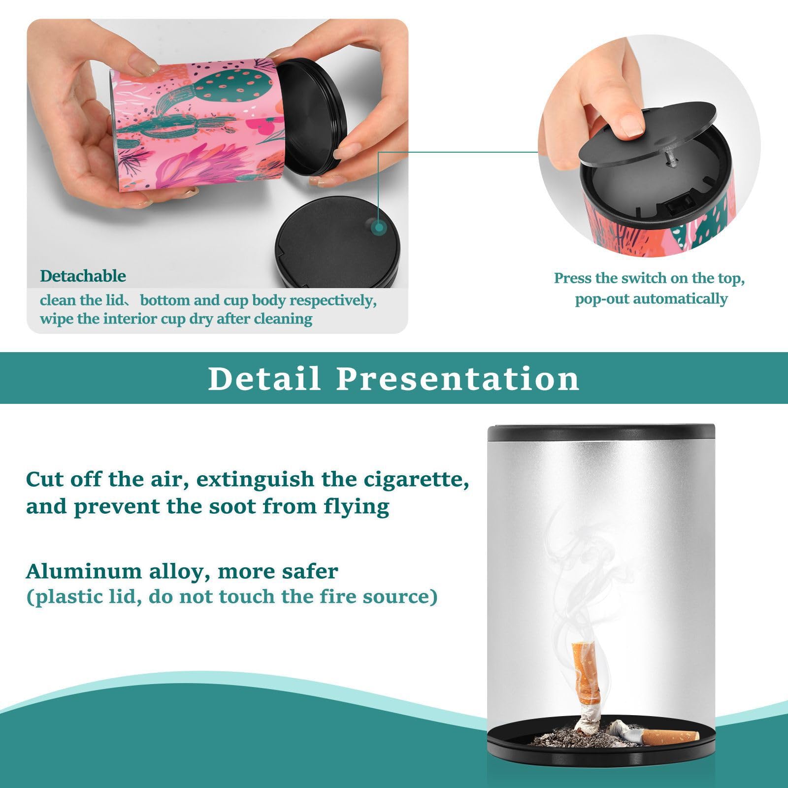 Colorful Cactus Plant Illustration Outdoor Ashtrays For Cigarettes with Lid Smell Proof Stainless Steel Portable Smokeless Patio Cigarette Butt Receptacle Outside Ash Trays for Car Cup Holder Patio Automotive