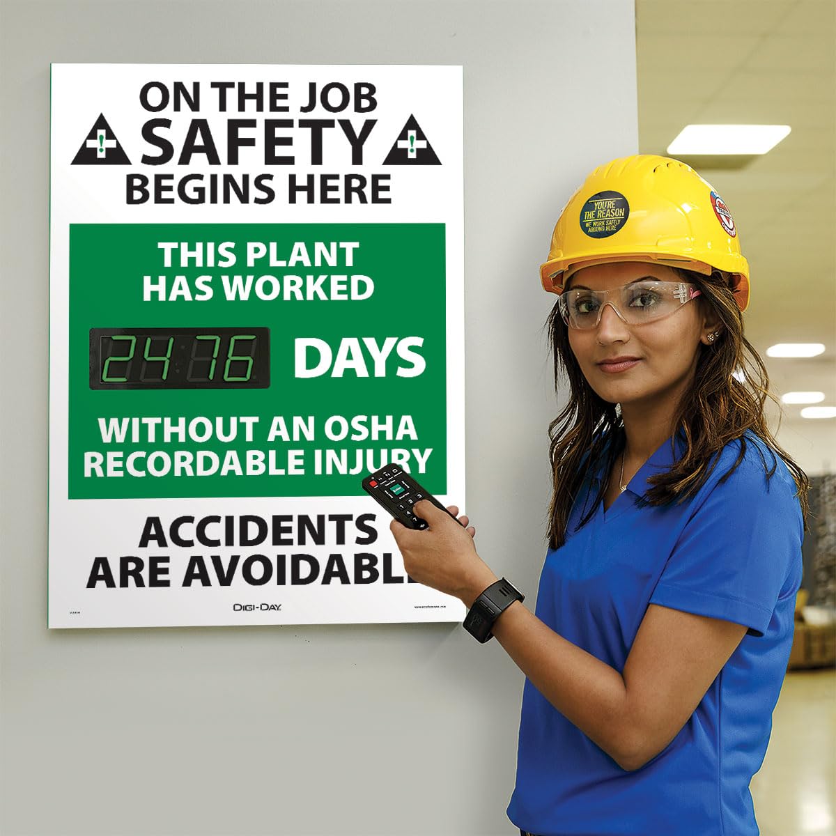 SCK114 Aluminum Digi-Day2 Electronic Scoreboard,"ON The Job Safety Begins HERE - This Plant HAS Worked #### Days Without an OSHA RECORDABLE Injury - Accidents are AVOIDABLE"