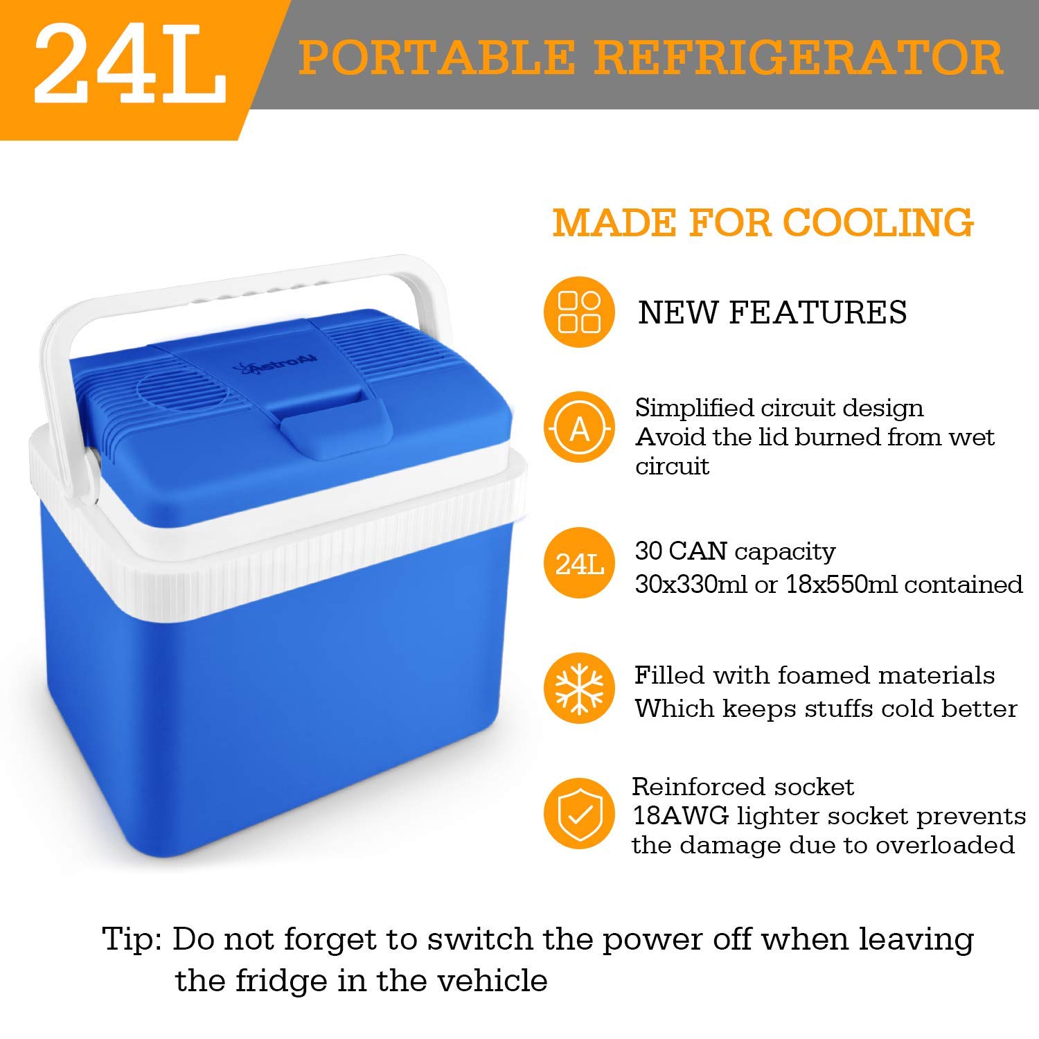 AstroAI Electric Cooler 26 Quarts/ 24 Liter Portable Thermoelectric Car Cooler for Beverage