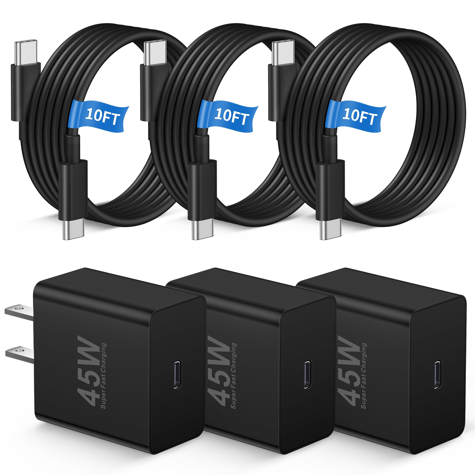 45W Super Fast Charger USB C, 3-Pack 45Watt USB C Charger Block & 10FT Long Type C Cable Cord Fast Charging for Samsung Galaxy S26/S26+/S26 Ultra/S25/24/S23/S22/S21/S20 Ultra, Z Fold7/6/5, Flip7 6 5