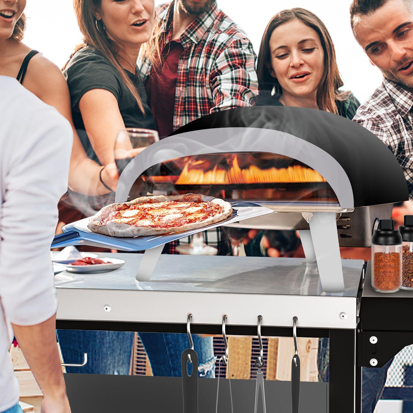 GFTIME Carro de mesa para horno de pizza, para Ooni, Ninja Woodfire, Blackstone Griddle, Weber Q, carrito grande de isla de cocina multiusos, soporte para barbacoa al aire libre, mesa de barbacoa de