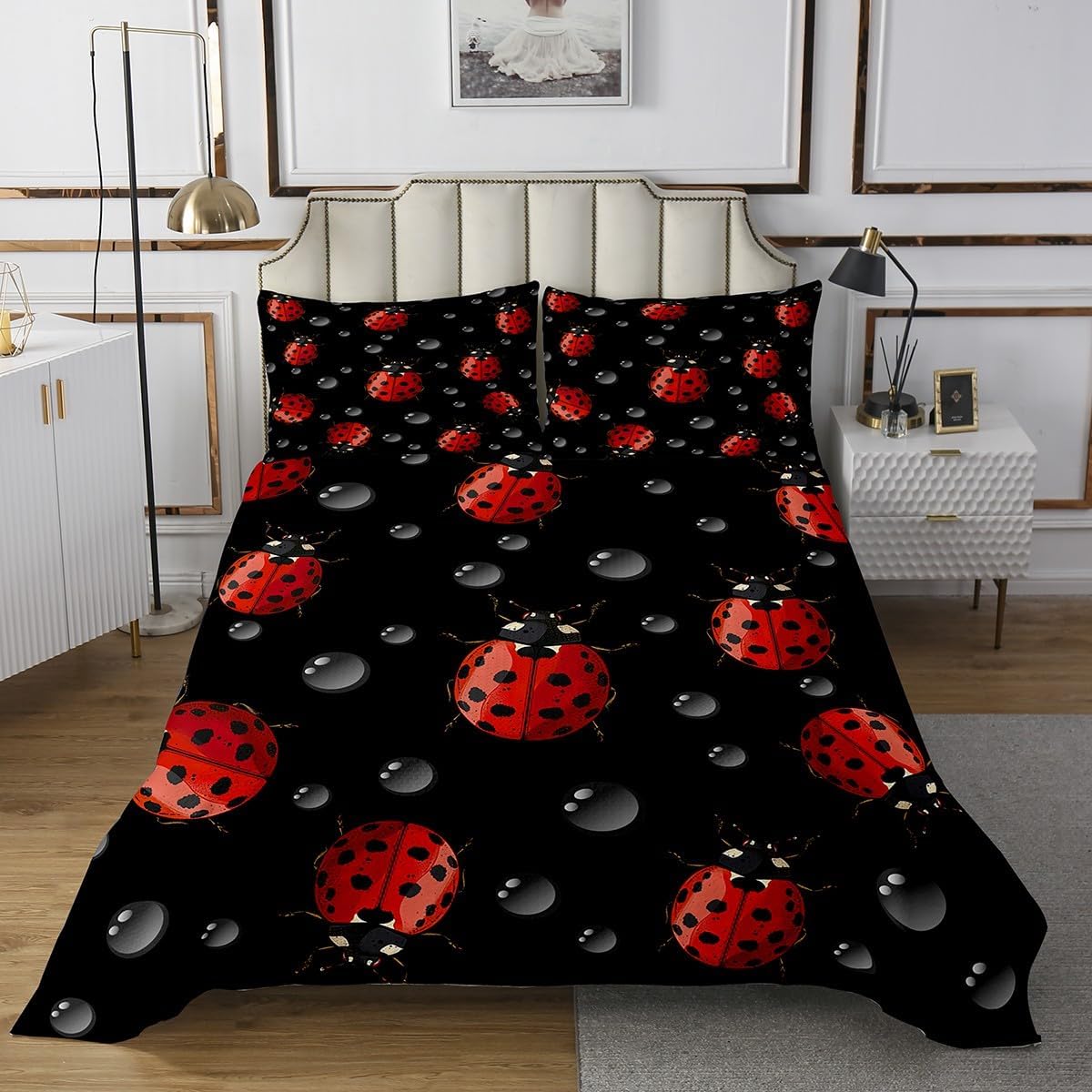 Erosebridal Ladybug Quilted Twin Size Red Ladybugs Bedspread for Kids Child,Cute Ladybird Coverlet Set Beetles Bugs Pattern Quilt Set Lady Beetle Raindrop Black Background Room Decor