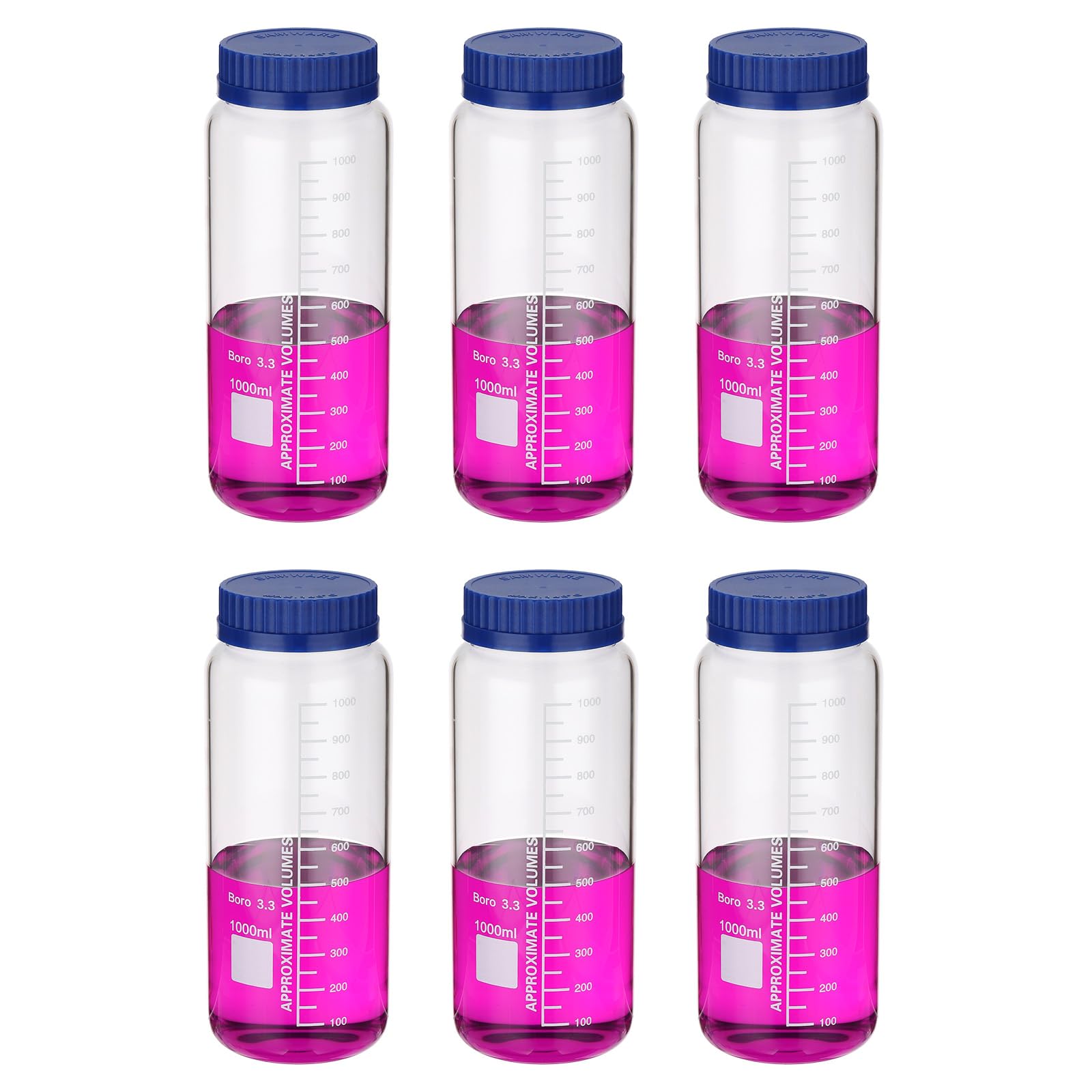 PATIKIL 6er Pack Reagenzglas-Aufbewahrungsflaschen 1000ml Borosilikatglas Weithals Graduierte Runde Flaschen Mit GL32 hellblauer Schraubverschluss Für Labor Wasser Reagenzflüssigkeiten