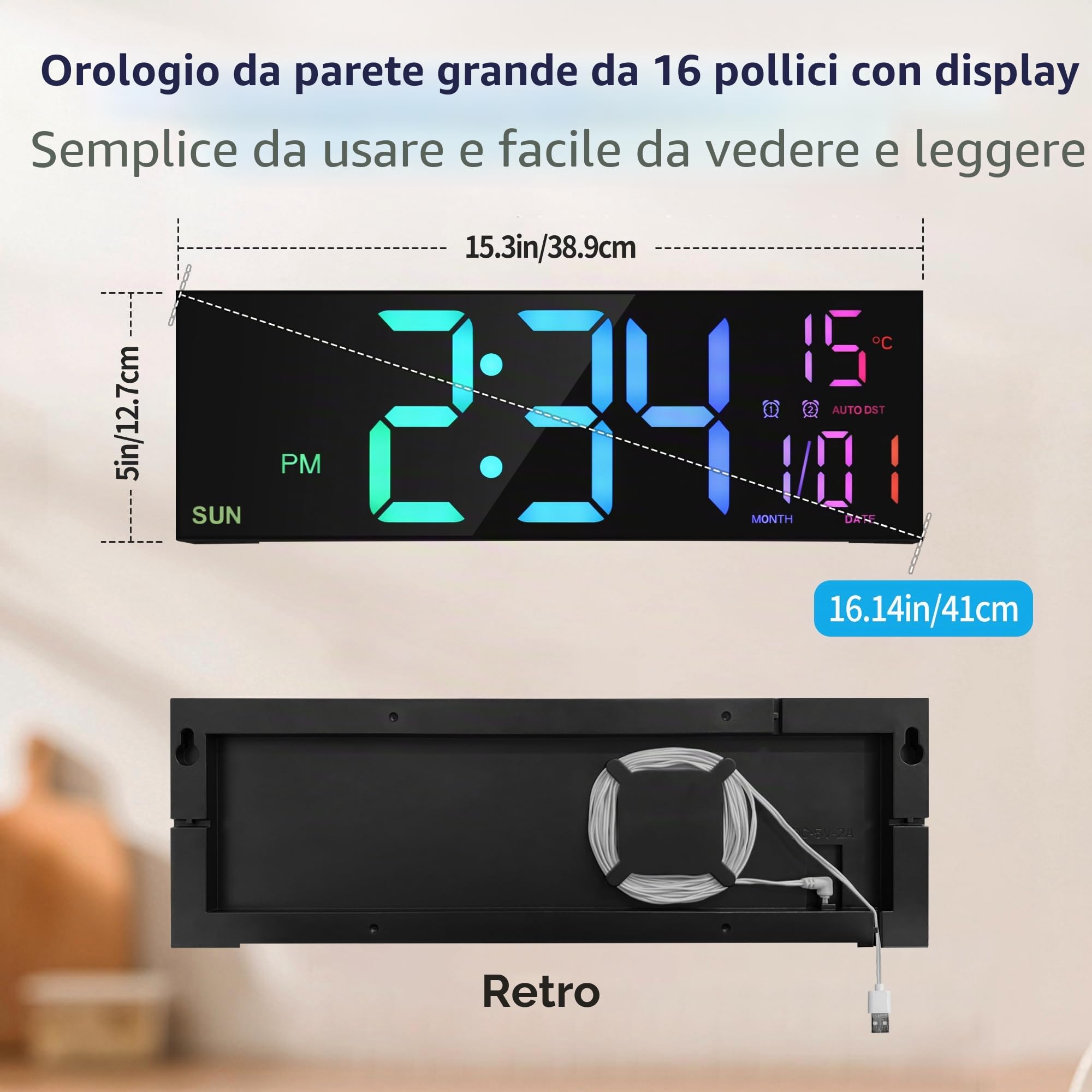 HAITANG Orologio da parete digitale grande 16'' per soggiorno, telecomando, doppio allarme, 8 colori RGB, grande display a LED, luminosità automatica, data, ora estiva automatica, temperatura
