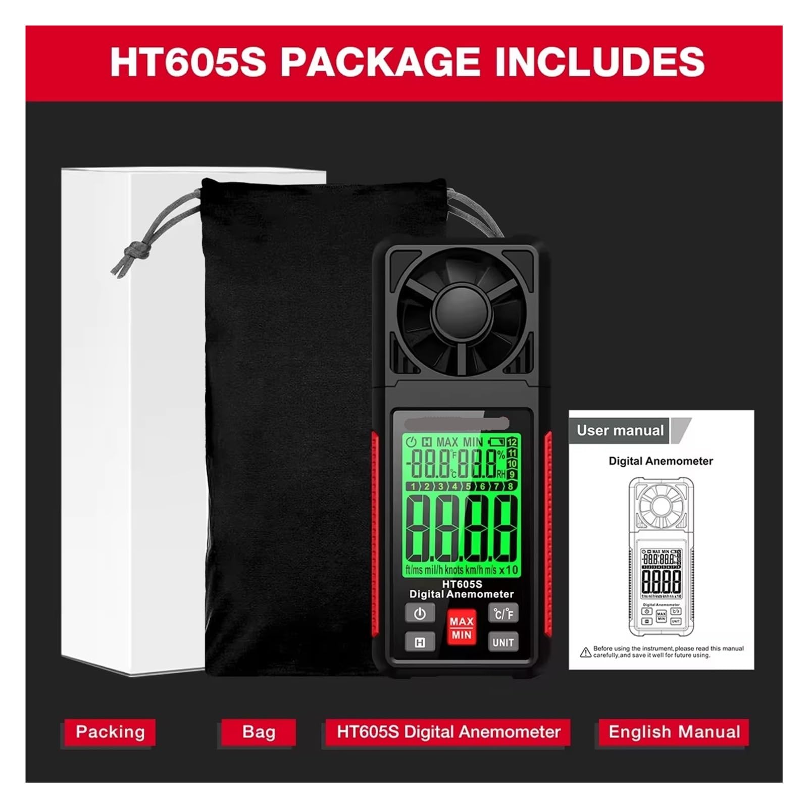 Anemómetro Digital HT605S, anemómetro de flujo aire, retroiluminación LCD, termómetro profesional 3 en 1, higrómetro