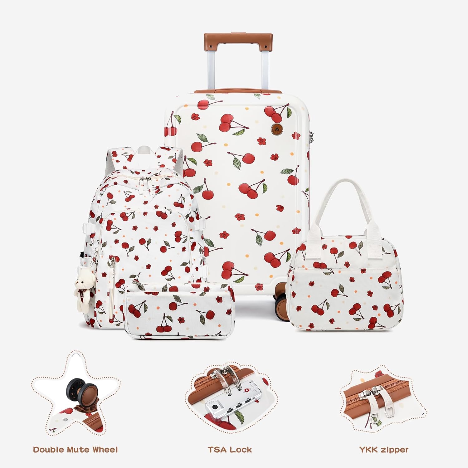 Somago 4 Piece Kid's Luggage with Backpack Set for Boys Girls Spinner 18" Hardside PC Rolling Carry on Suitcase with TSA Lock (Cherry White)