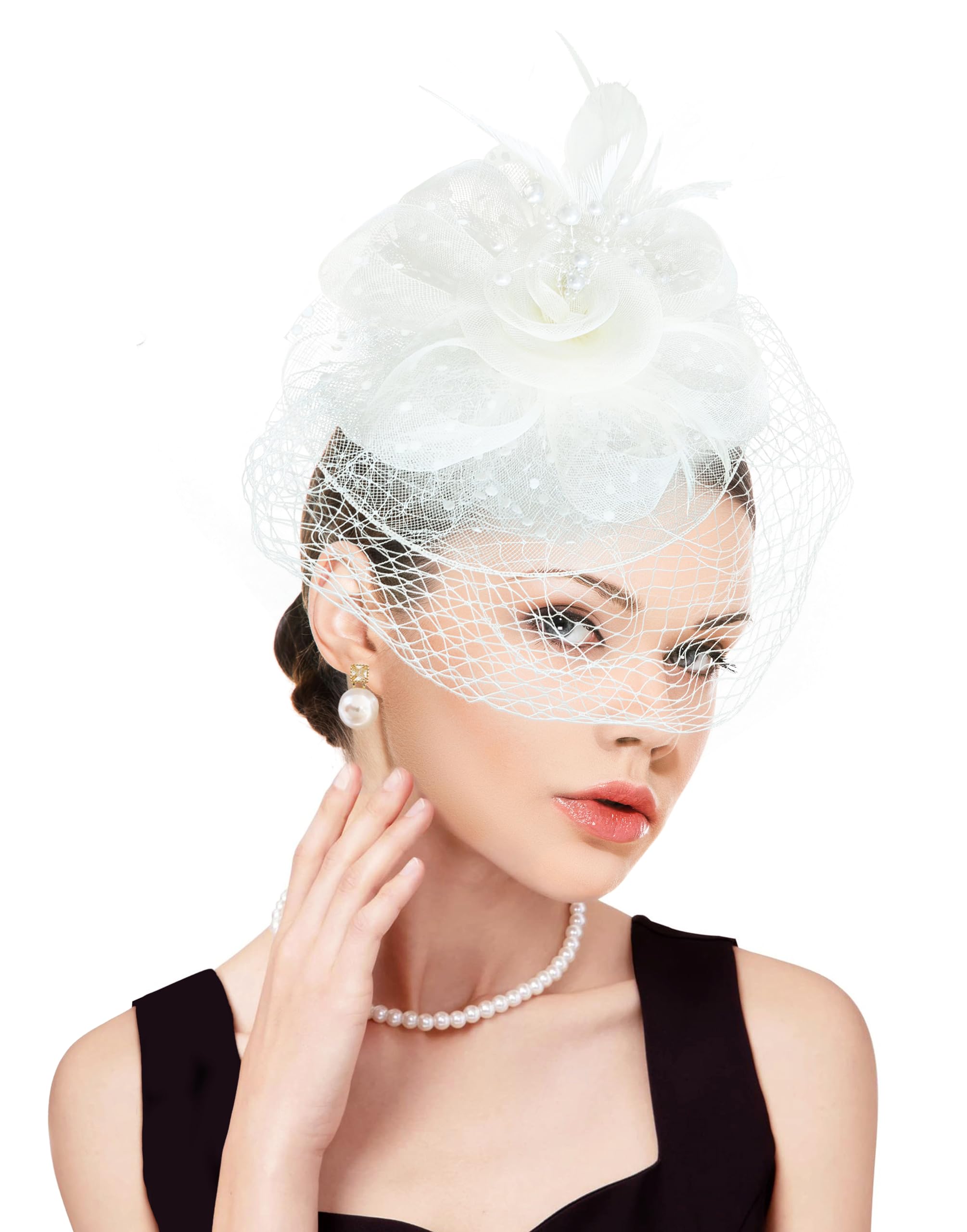 dressfan Fascinator Sombrero de Mujer,Años 20 Años 50 Vintage Elegante Malla Plumas Flores Accesorios de Cabello Bibi Diadema Tocado para Boda/Cocktail/Fiesta del Té