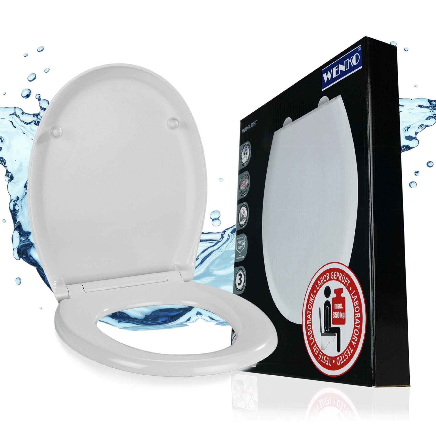 WENKO Toilettendeckel mit Absenkautomatik, hohe Belastbarkeit bis 350 kg, ovaler WC Sitz, abnehmbar, Klodeckel aus antibakteriellem, stabilem Duroplast, einfache Montage, Mod. Rieti, weiß