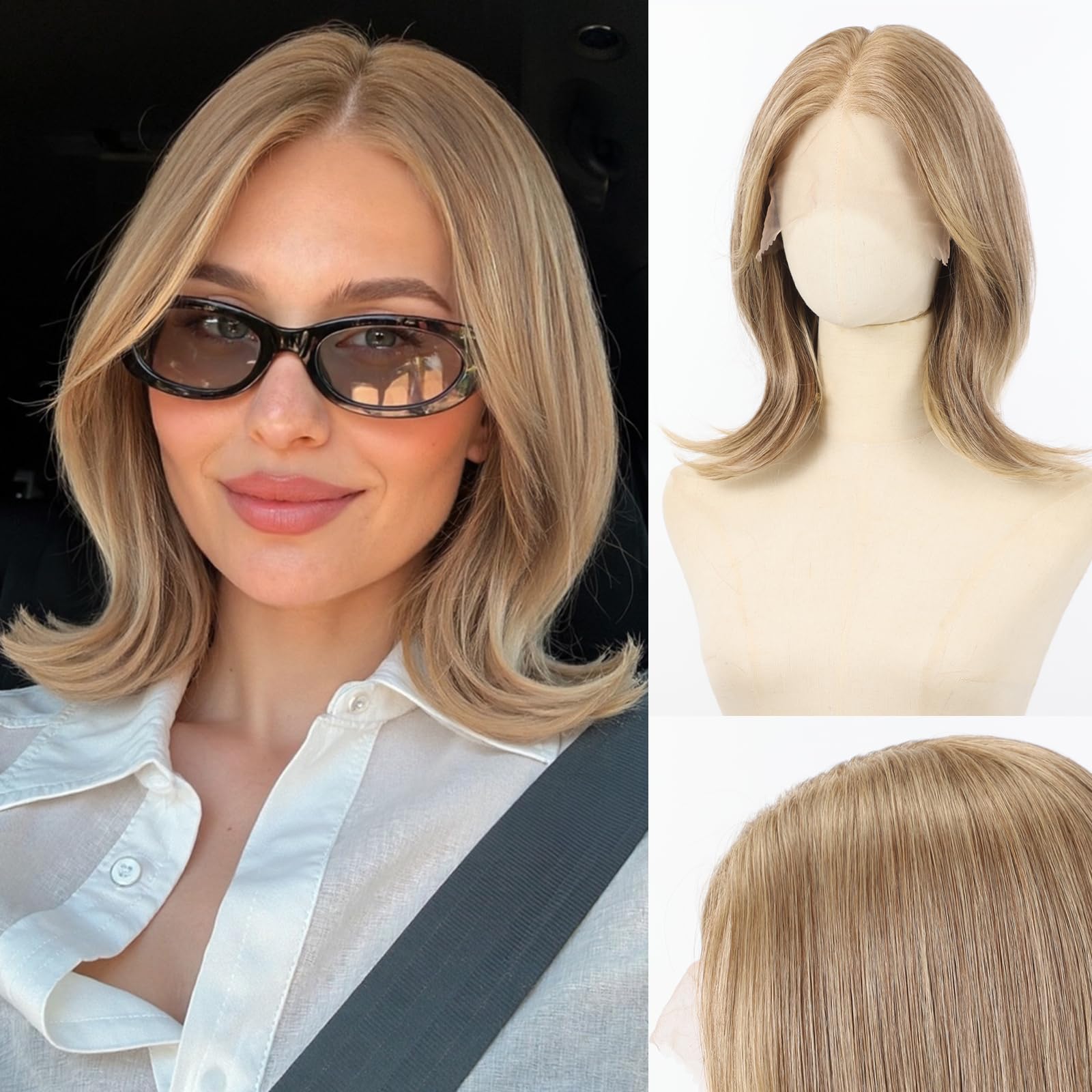 testar 13x6 Spitzenfront Perücke Braun-Blond, kurze gewellte Perücke für Damen, kleberlose Synthetikperücke aus hitzebeständiger Faser, 14 Zoll für den täglichen Gebrauch