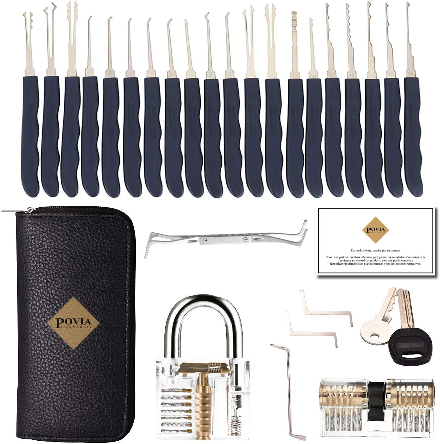 POVIA Lock Pick Set – 24 Pieces Lock Picking Tools with 2 Clear Training Locks - A Transparent Practice Padlock and a Transparent Double Cylinder Lock-Guide for Beginners and Pro Locksmiths-Carry Case