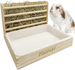 PINVNBY Rack de feno de coelho com caixa de areia de plástico, suporte de manjedoura de grama de coelho, alimentador de madeira de porquinho-da-índia e conjunto de vaso sanitário, móveis práticos para