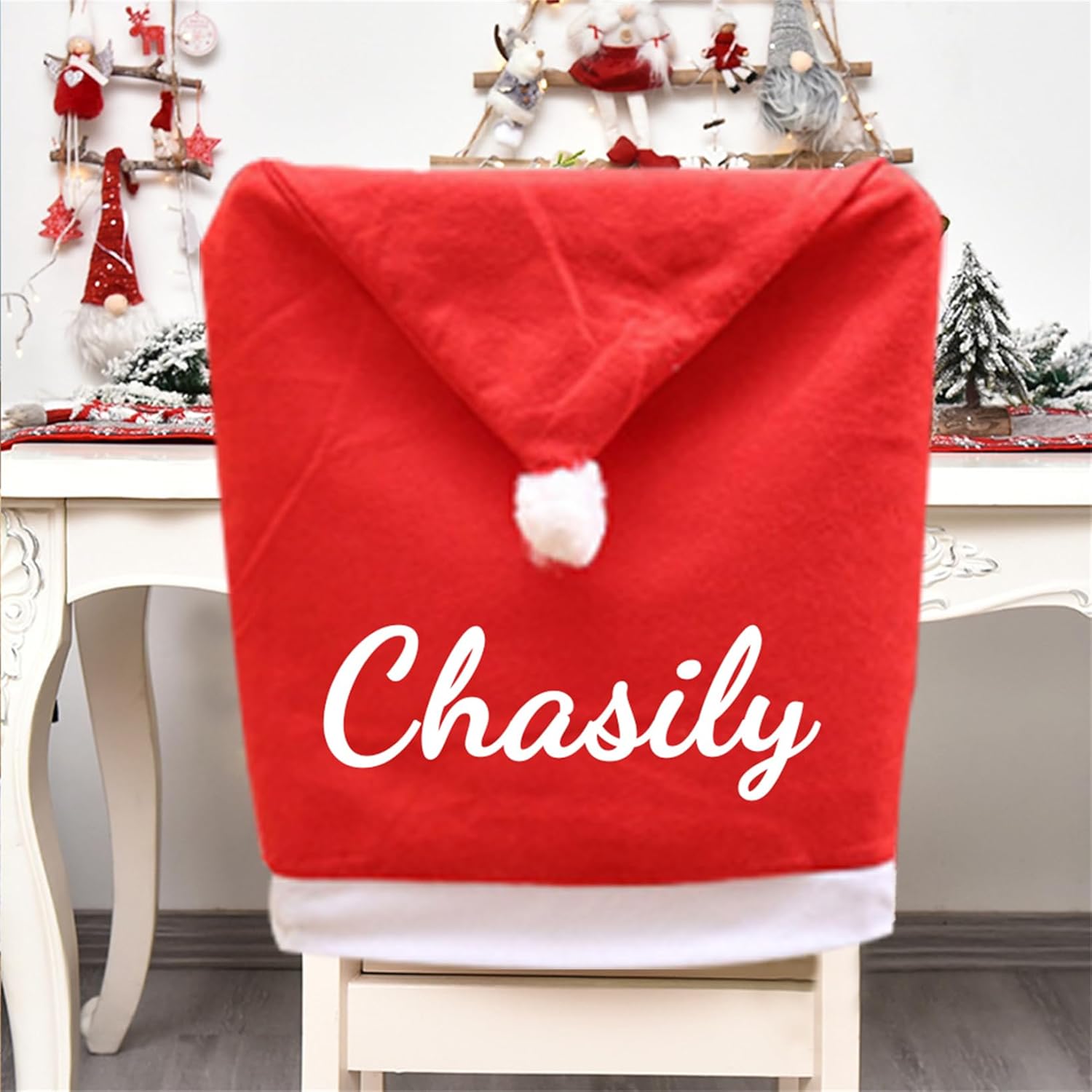 Personalized Name Christmas Chair Covers Set of 2/4/6 Red Santa Hat Dining Chair Covers Kitchen Chair Cover Xmas Decorations Holiday Dinning Room Kitchen (Christmas Chair Covers - 1)