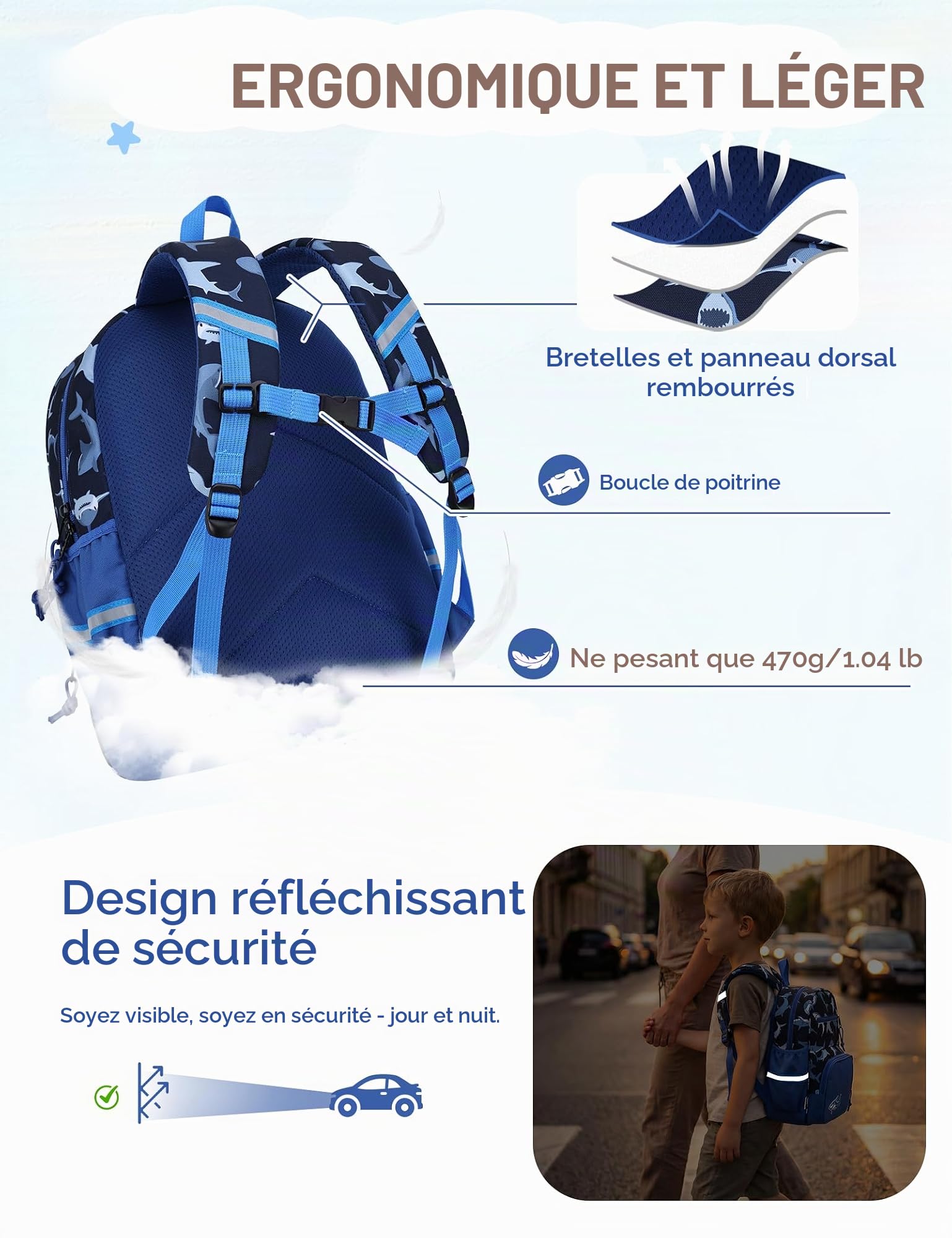 Cartable Garçons Primaire, Sac à Dos Enfant 5-8 Ans, Requin Bleu