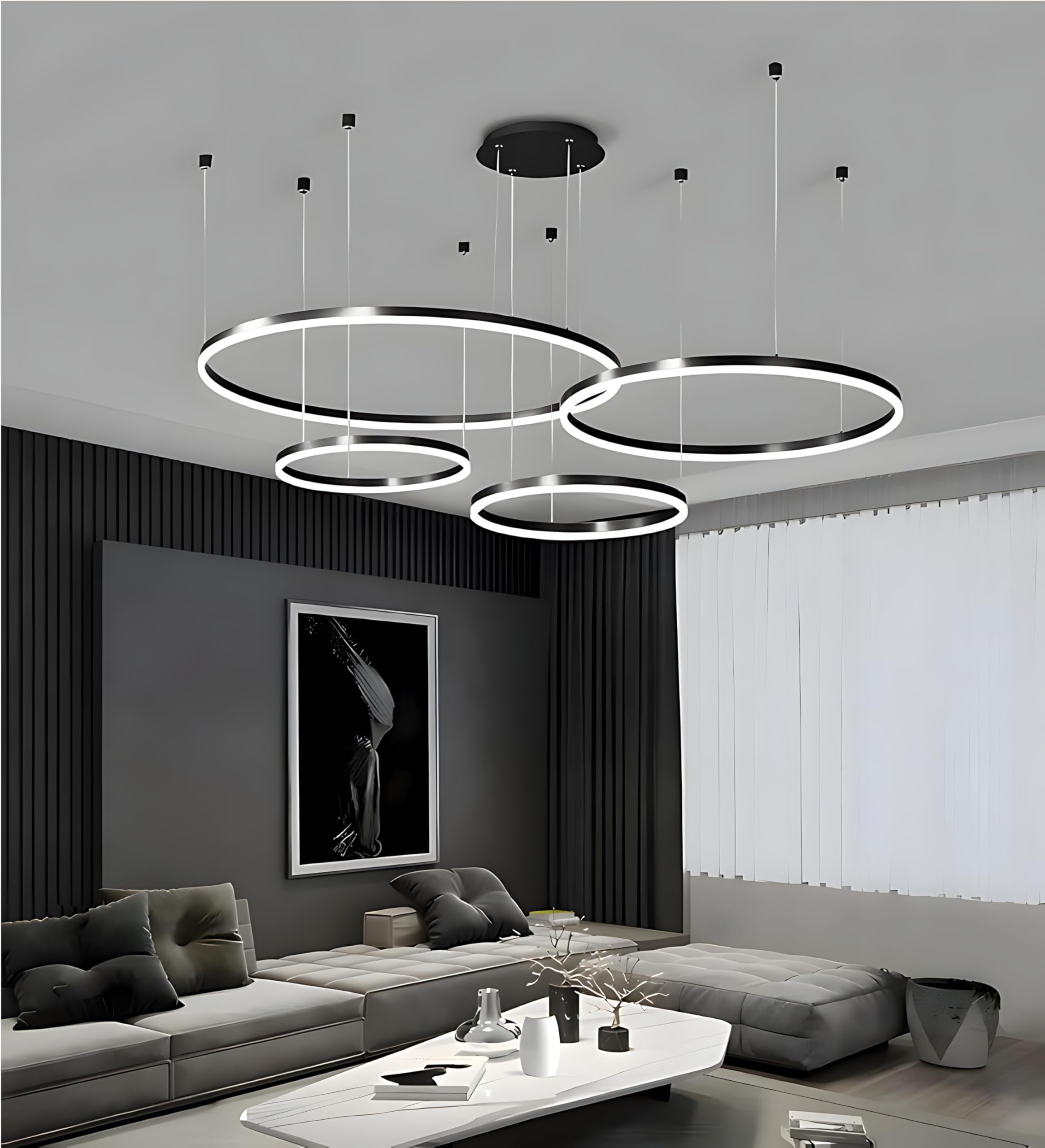 BEHWU LED Chandelier, Modern Circular LED Pendant Light with Remote Control, Dimmable Ring Pendant Lights for Kitchen Island, Living Room, Dining Room (Color : Black, Size : 4 Ring 20+40+60+80cm)