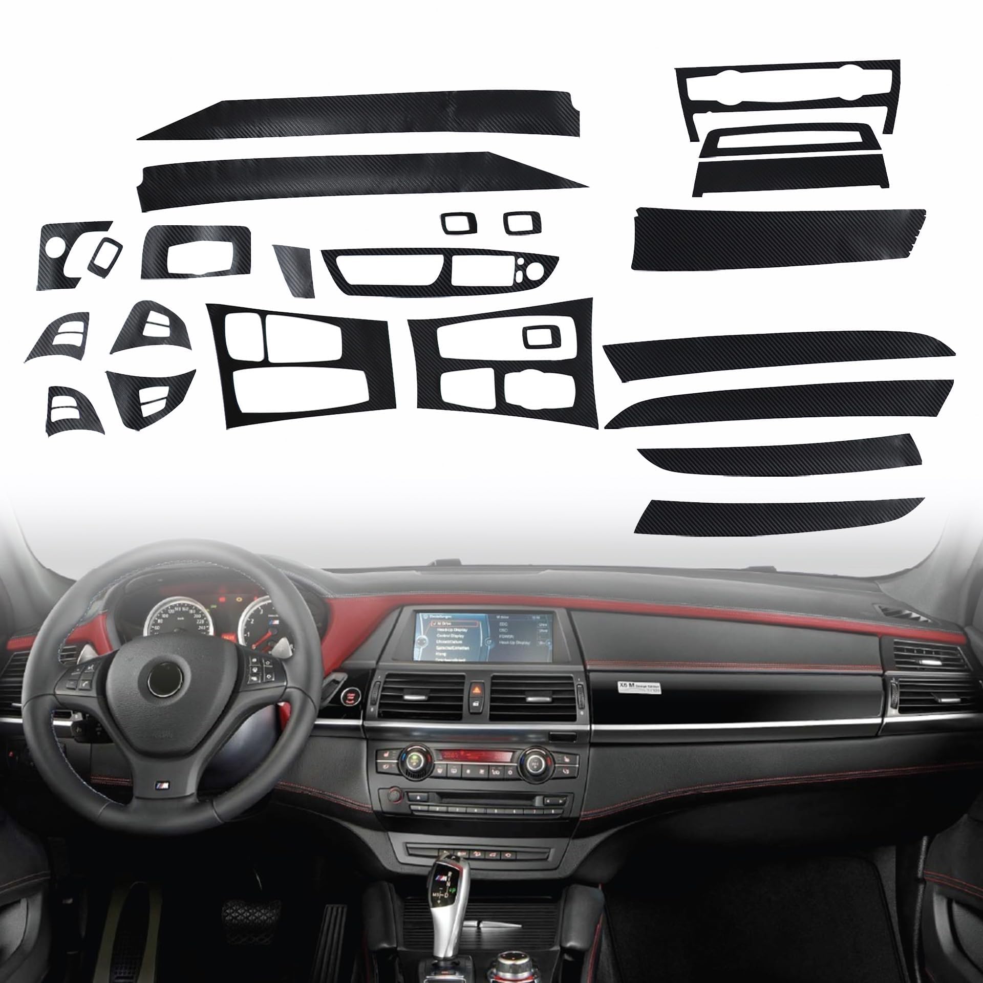 GXARTS Black 3D Carbon Fiber Car Interior Decor Kits Trim Sticker Compatible with BMW X5 E70 X6 E71 2008 2009 2010 2011 2012 2013 2014
