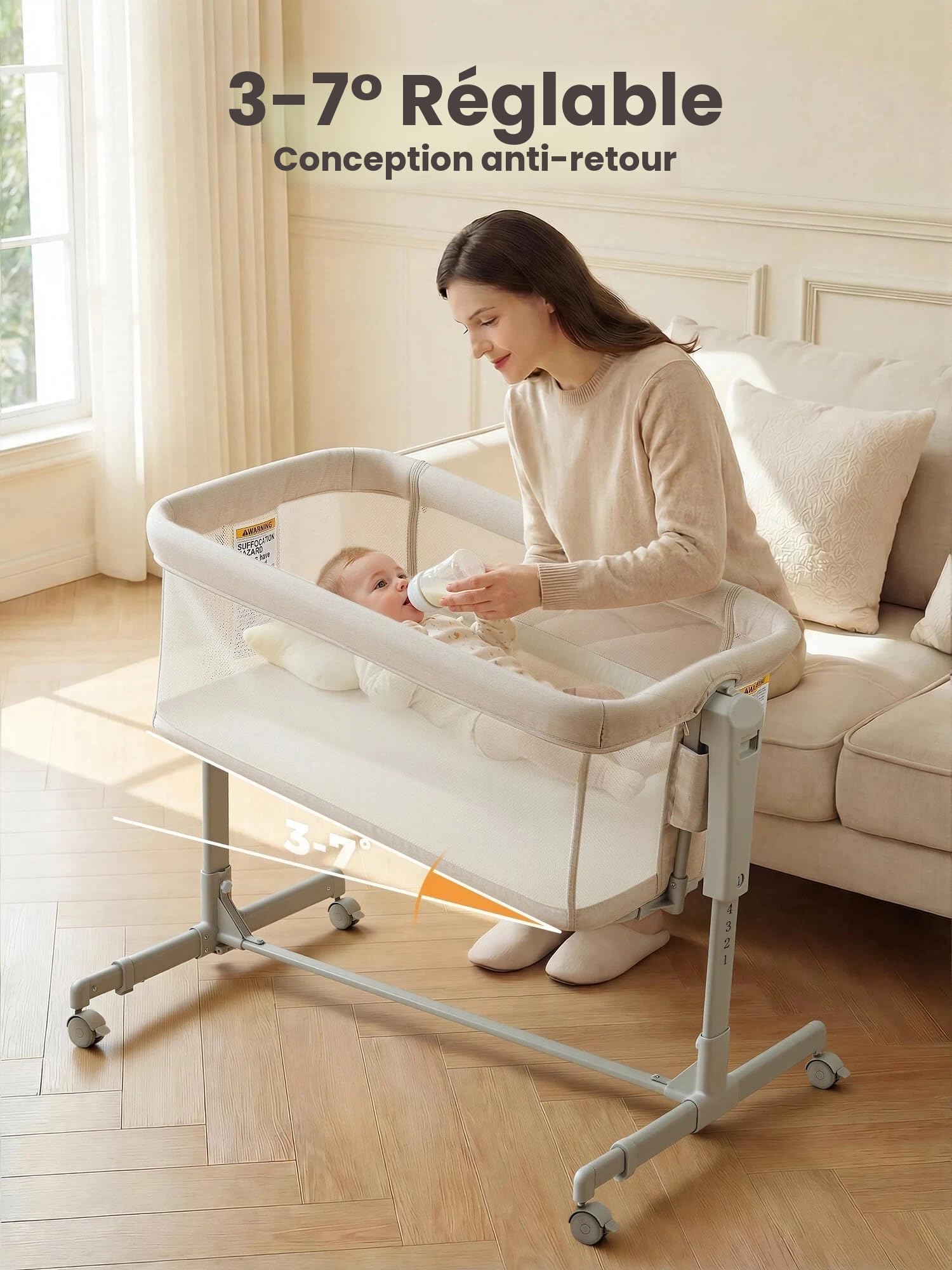 Berceau Cododo 3-en-1 à Bascule avec Roues Lit Bébé Réglable en Hauteur 6 Positions Matelas Doux Mousse Respirante