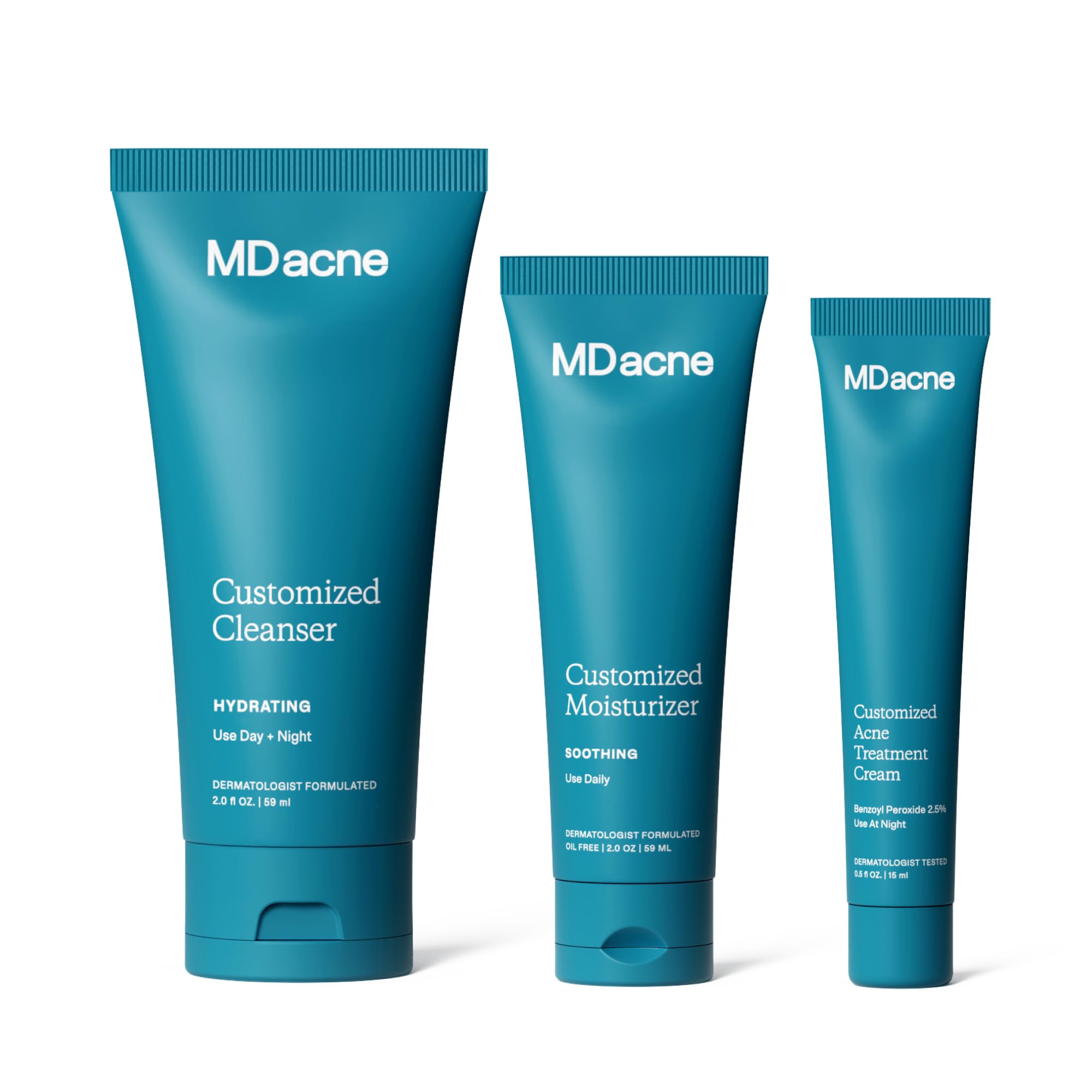 MDacne 3 Step Face Acne Treatment Kit, Benzoyl Peroxide Cream 2.5%, Salicylic Acid Cleanser, Niacinamide Moisturizer – Medicated Plant-Based Skincare