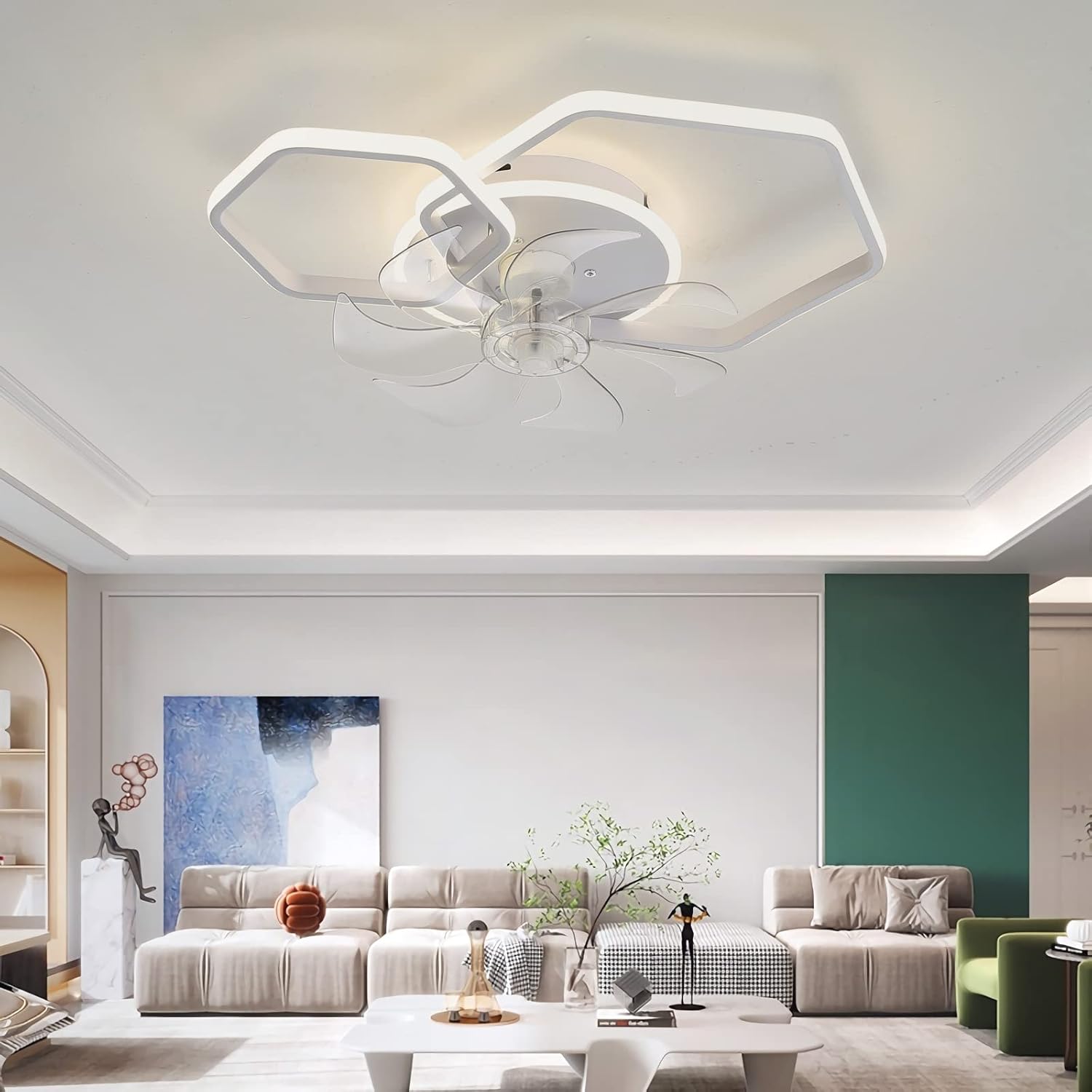 YUEGOO Ceiling Fans with Lamps,6 Speed Timer Quiet Ceiling Fan Chandelier Led Dimmable Modern Ceiling Fans with Lights and Remote App for Living Room Bedroom Office/a/53Cm