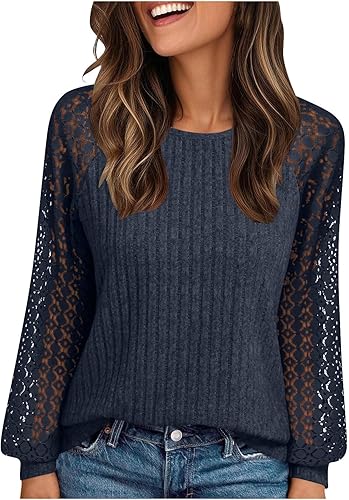 Lace Long Sleeve T Shirts for Women Fall Summer Crewneck Crochet Striped Basic Tops T Shirt Women 2025 Regular Fit
