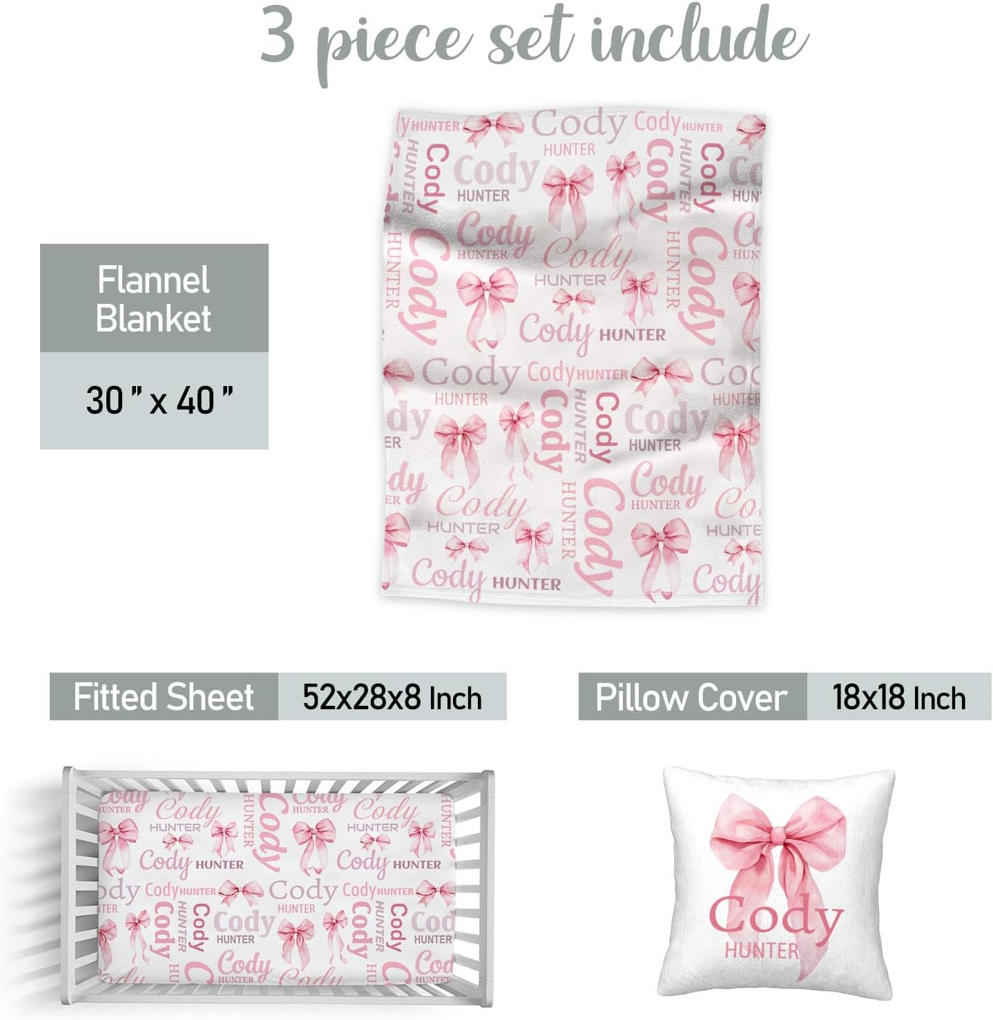 Custom Pink Bow Baby Bedding Set – Personalized Name 3 Piece Nursery Set with Fannel Blanket, Fitted Crib Sheet & Pillowcase – Nursery Decor Gift for Newborns Infant