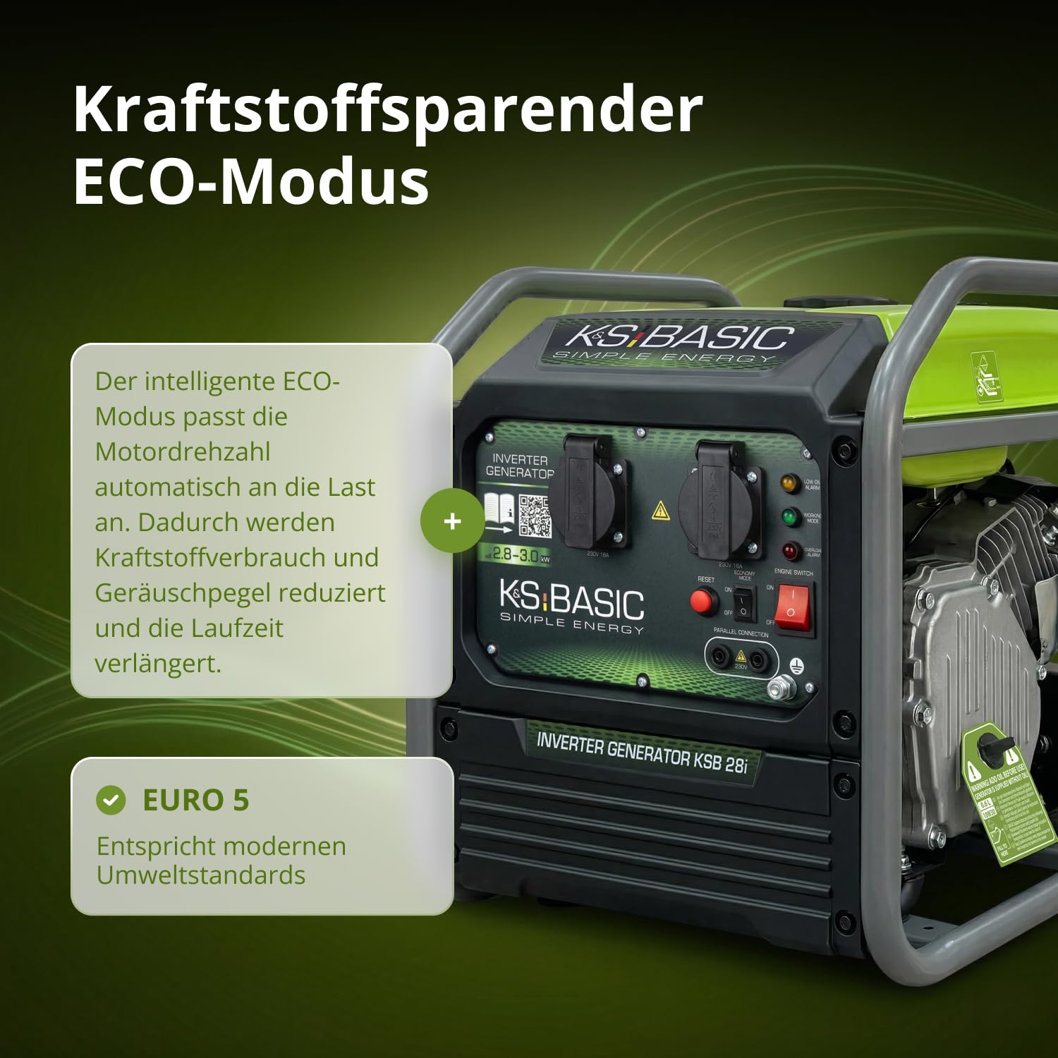 K&S BASIC 28i Inwerterowy generator 3000 W, agregat prądotwórczy na benzynę, agregat prądotwórczy 230 V z czystą falą sinusoidalną, generator prądu z trybem Eco i równoległym działaniem, moc