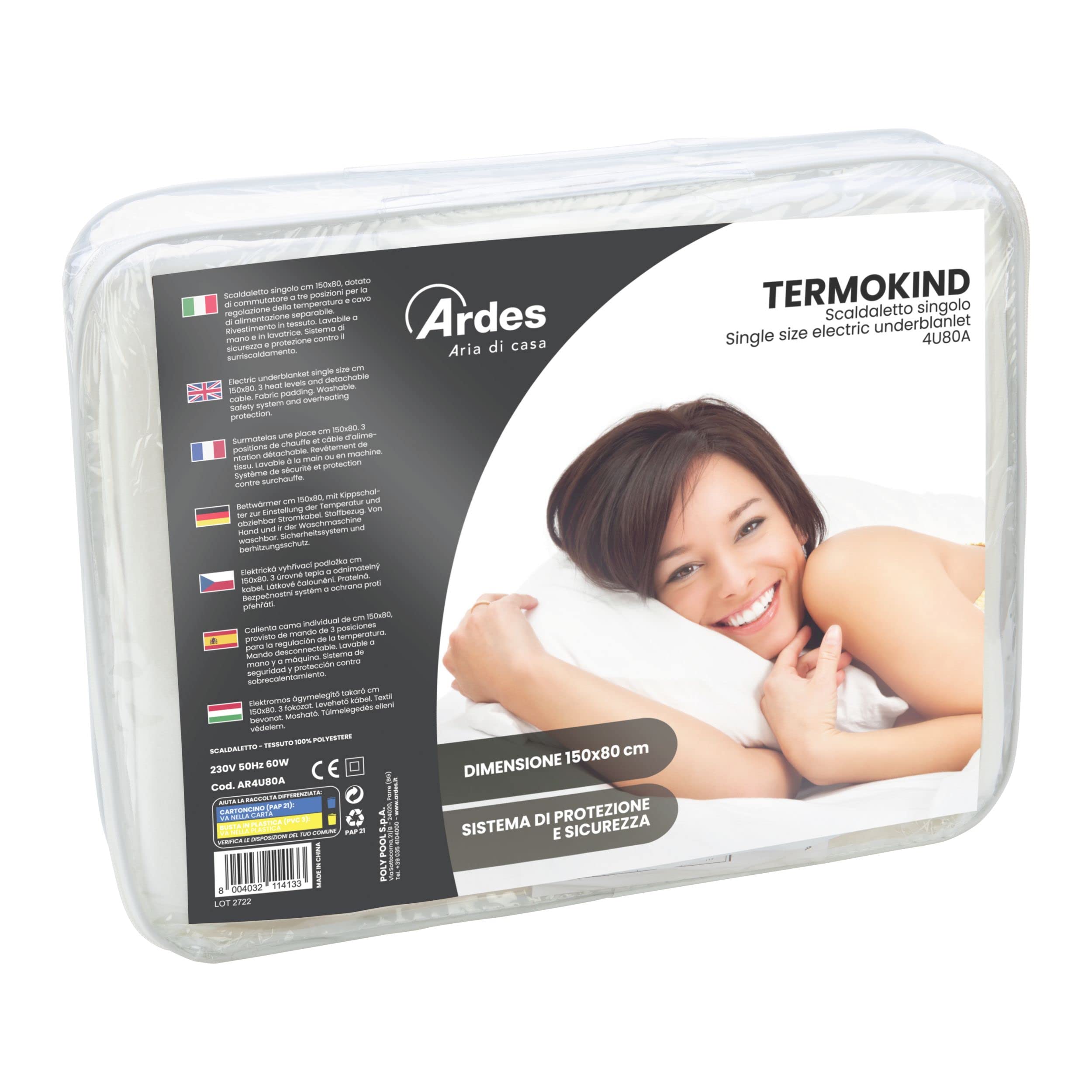 ARDES - AR4U140A Chauffe-matelas Simple Électrique TERMOKIND Couverture Chauffante 60W - Surmatelas Chauffant Lit Simple avec Commutateur 3 Positions
