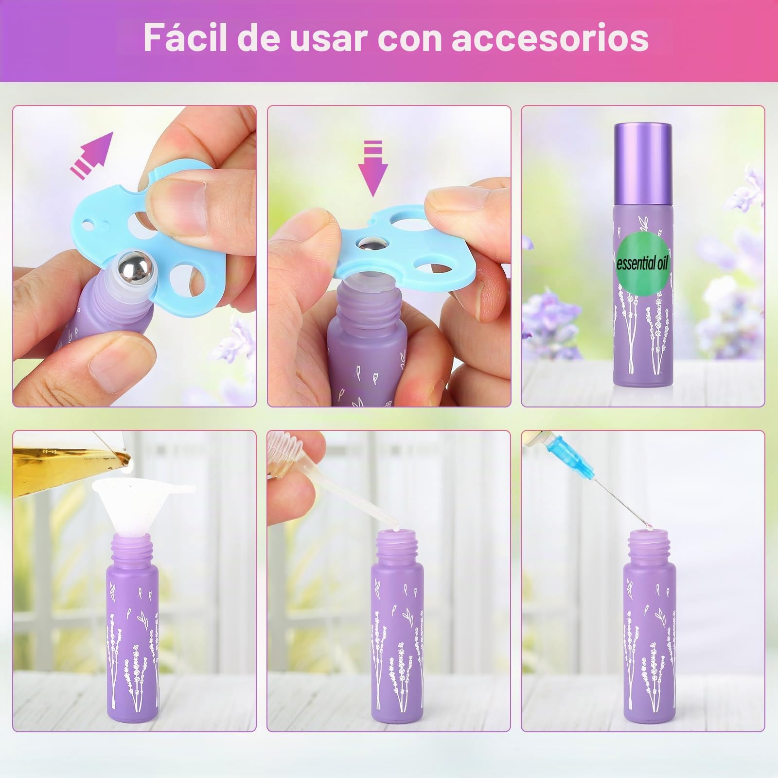 16 Pcs 10ml Roll On Aceites Esenciales, Color Botellas Roll On Cristal con Bolas de Acero Inoxidable, Rellenable Perfume Roll On para Masajes, Mezclas de Aromaterapia, Perfumes