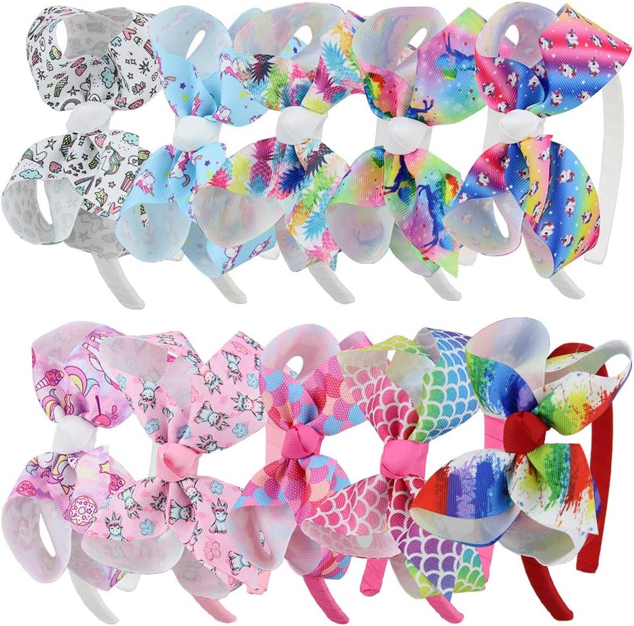 7Rainbows 10pcs Girls Unicorn Hair Bows On Headband Pineapple Hair Hoop Princess Dance Headbands.
