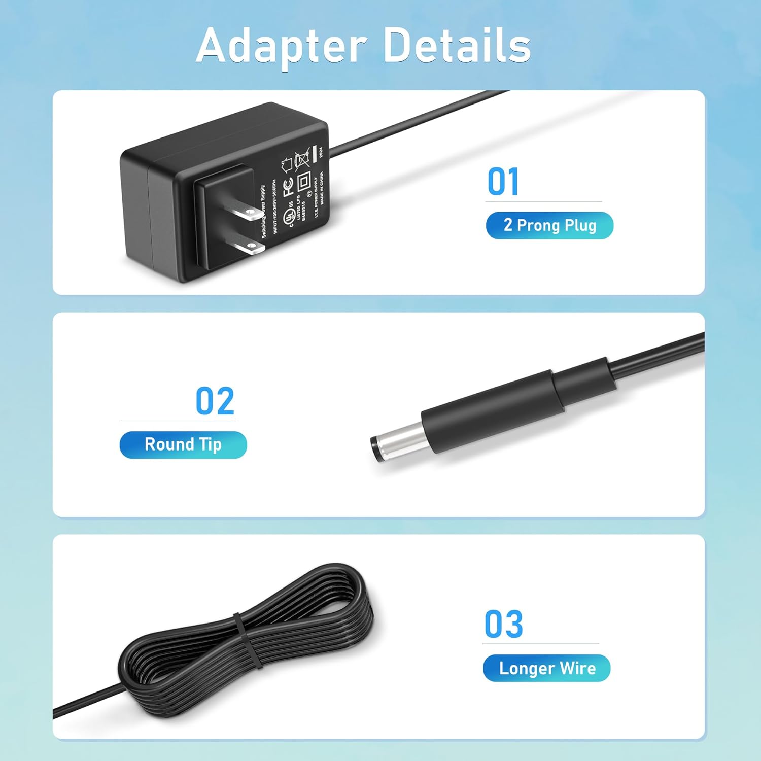 CJP-Geek 12V Power Adapter details: 2-prong plug, round tip, longer wire