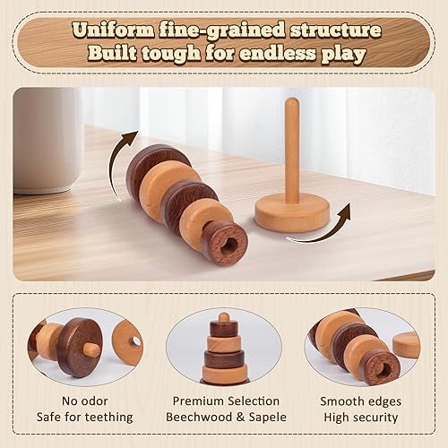 Miniatura 4 de Adena Montessori Juguete apilable de madera con anillo, juguete educativo Montessori geométrico apilador de madera, para bebés y niños pequeños a