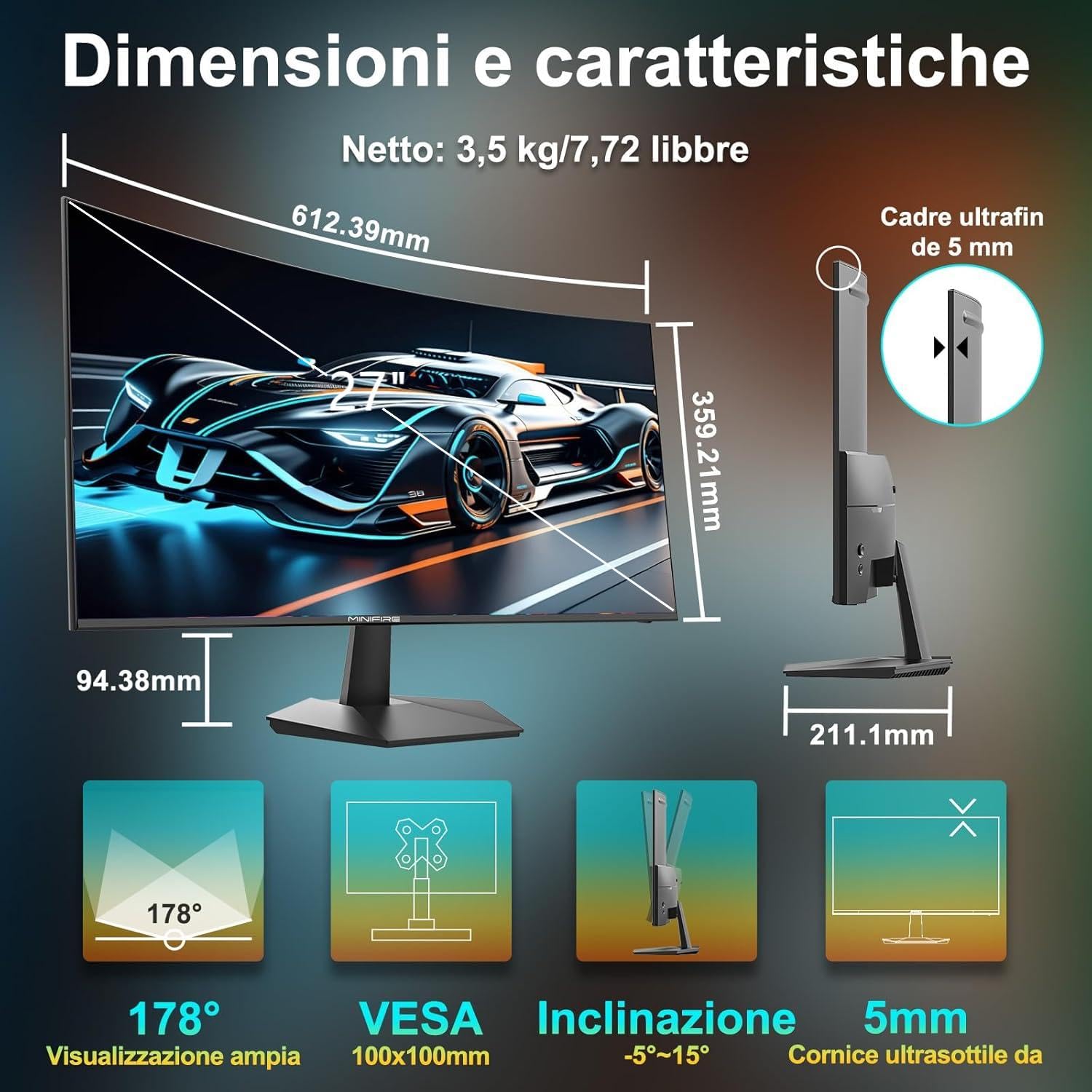 Minifire Monitor curvo da 27 pollici 120 Hz, schermo PC con altoparlante - pannello VA 1500R FHD (1920 x 1080p), MPRT 1 ms, sRGB 110%, meno luce blu, HDMI 1.4, tipo C 2,5 W, supporta VESA - Nero