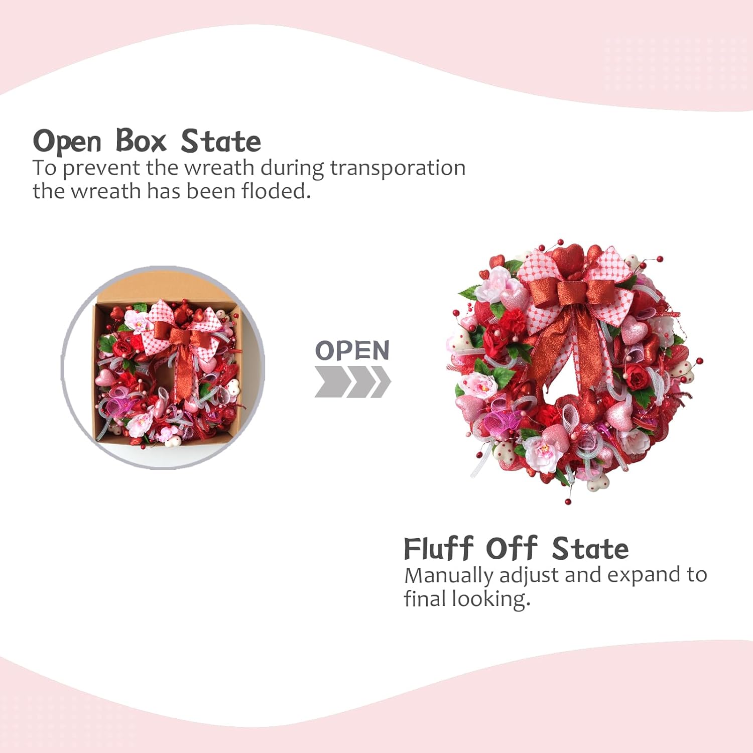 TEMPUS 18 Inch Pink Red Mesh Wreath with 3D Heart Valentine's Day Bow for Front Door Decorations - Image 5