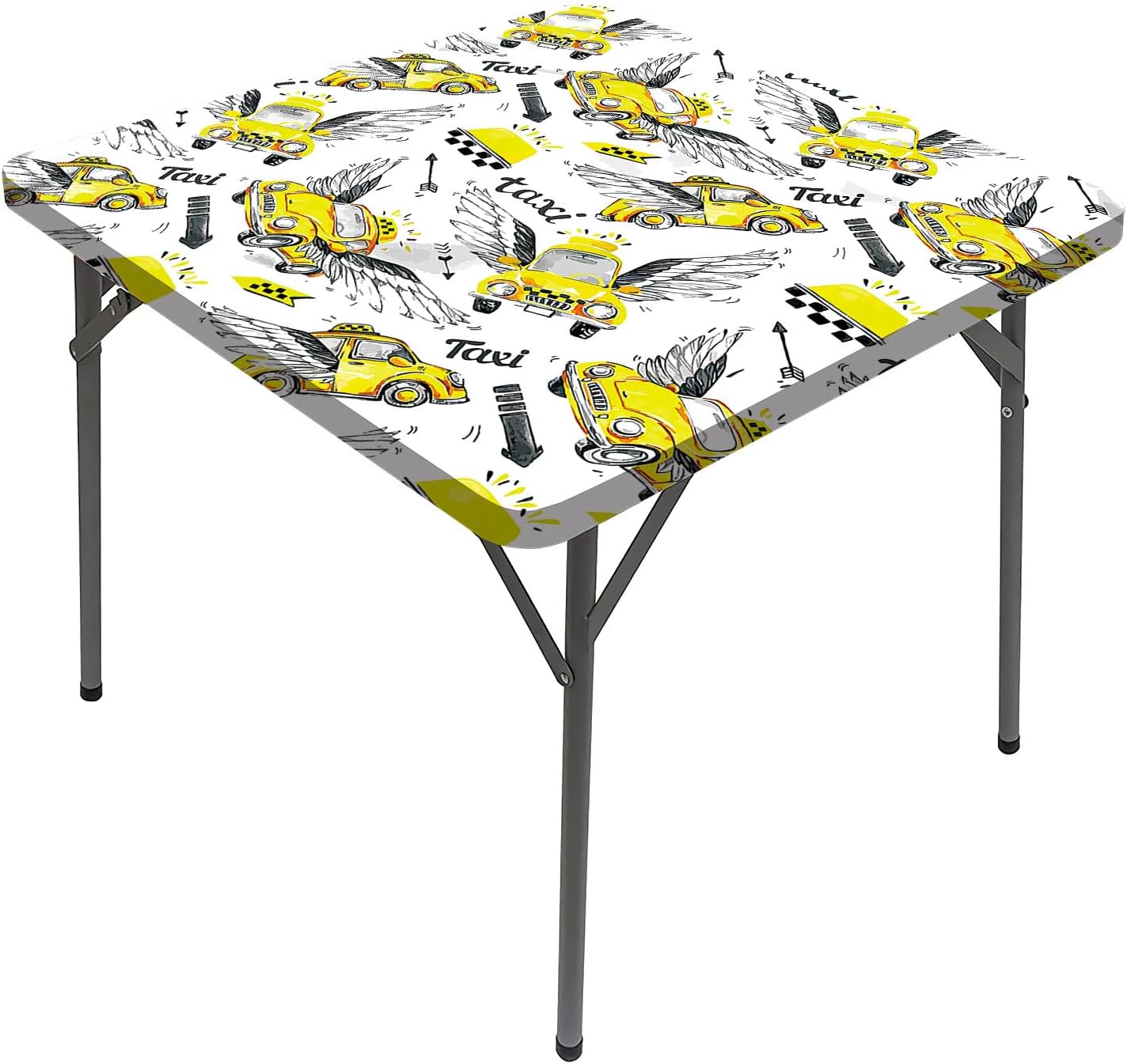 Cars Elastic Square Tablecloth, Watercolor Taxis with Magical Wings Square Dining Table Cover, Fits 40x40 inch Table, for Outdoor Indoor Holiday Picnic Party Cloth, Yellow Grey