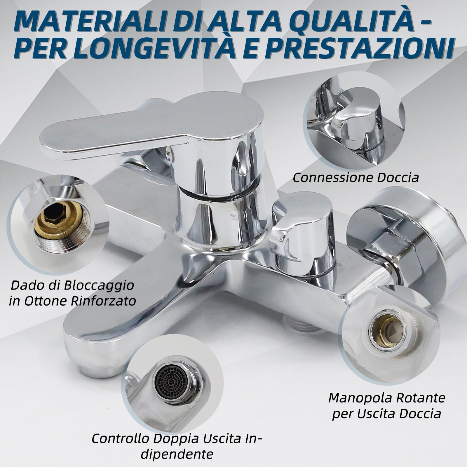 Rubinetto per vasca da bagno, montaggio a parete, miscelatore monocomando con beccuccio doccia da 1/2", superficie cromata (moderna)