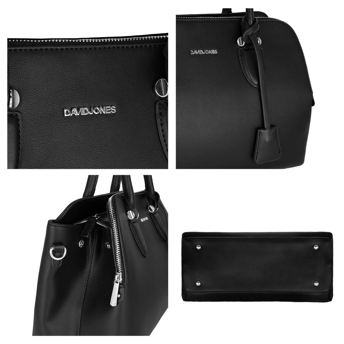 David Jones - Sac à Main Femme - Cabas Fourre-Tout Cuir PU Porté Epaule Bandoulière - Multi Poche Plusieurs Compartiments - Tote Ville Travail Elégant Classique Chic Dame - Noir