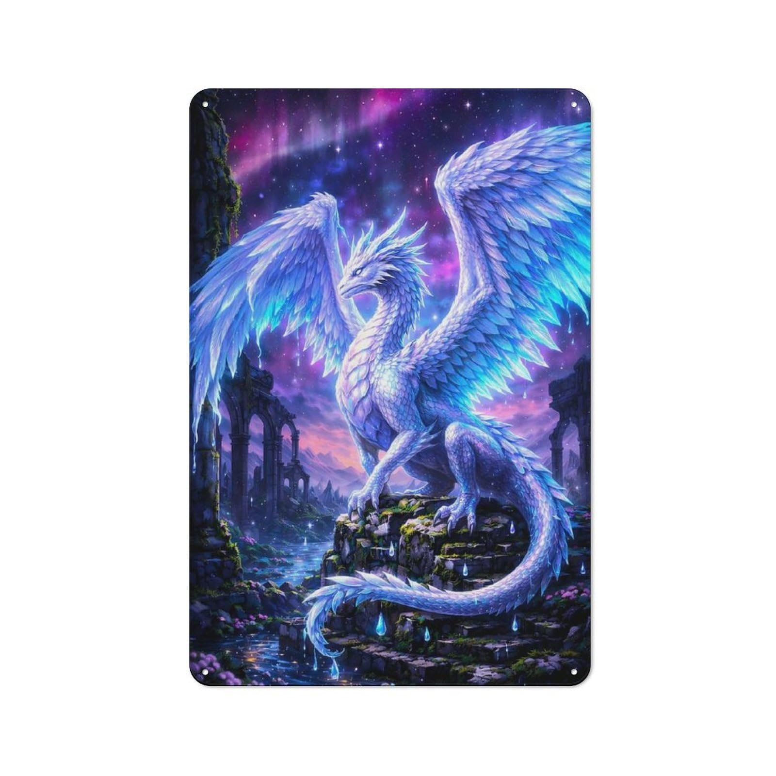 Metal Wall Sign 30x20cm Featuring Majestic White Dragon in A Mystical Landscape for Garage Or Workshop, Suited to DIY Enthusiasts