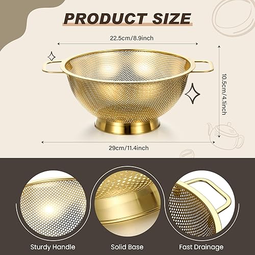 Miniatura 3 de Norme Colador dorado de acero inoxidable de 3 cuartos de galón de malla fina, colador de metal para pasta, arroz y alimentos con asas, fácil de