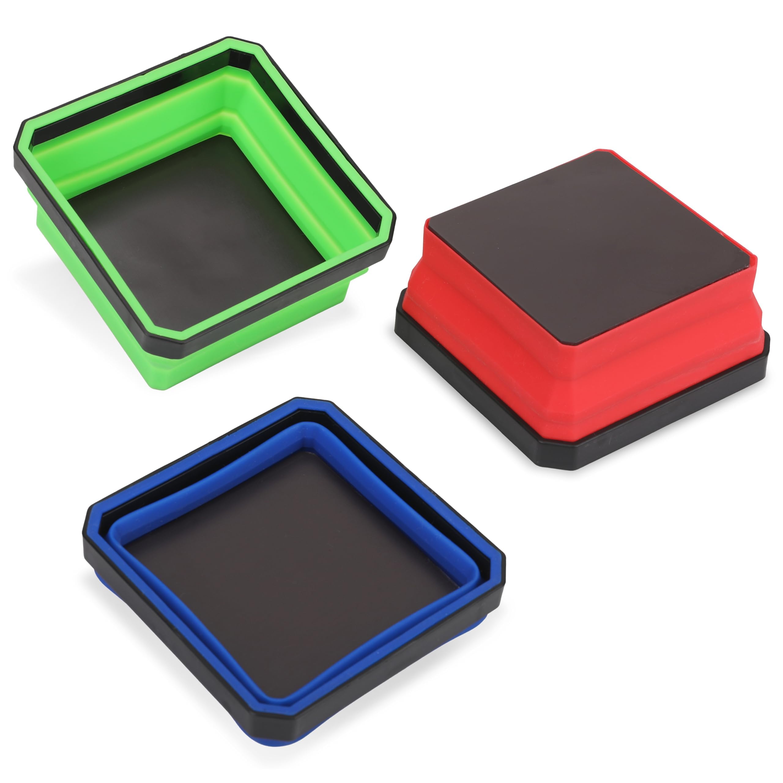 PR1ME Upgrade Collapsible Magnetic Parts Tray Set, 3 Pack, Foldable Magnetic Tool, 4.25 inch Square Silicone Bowls with Magnetic Base Stores and Organizes Small Parts and Tools