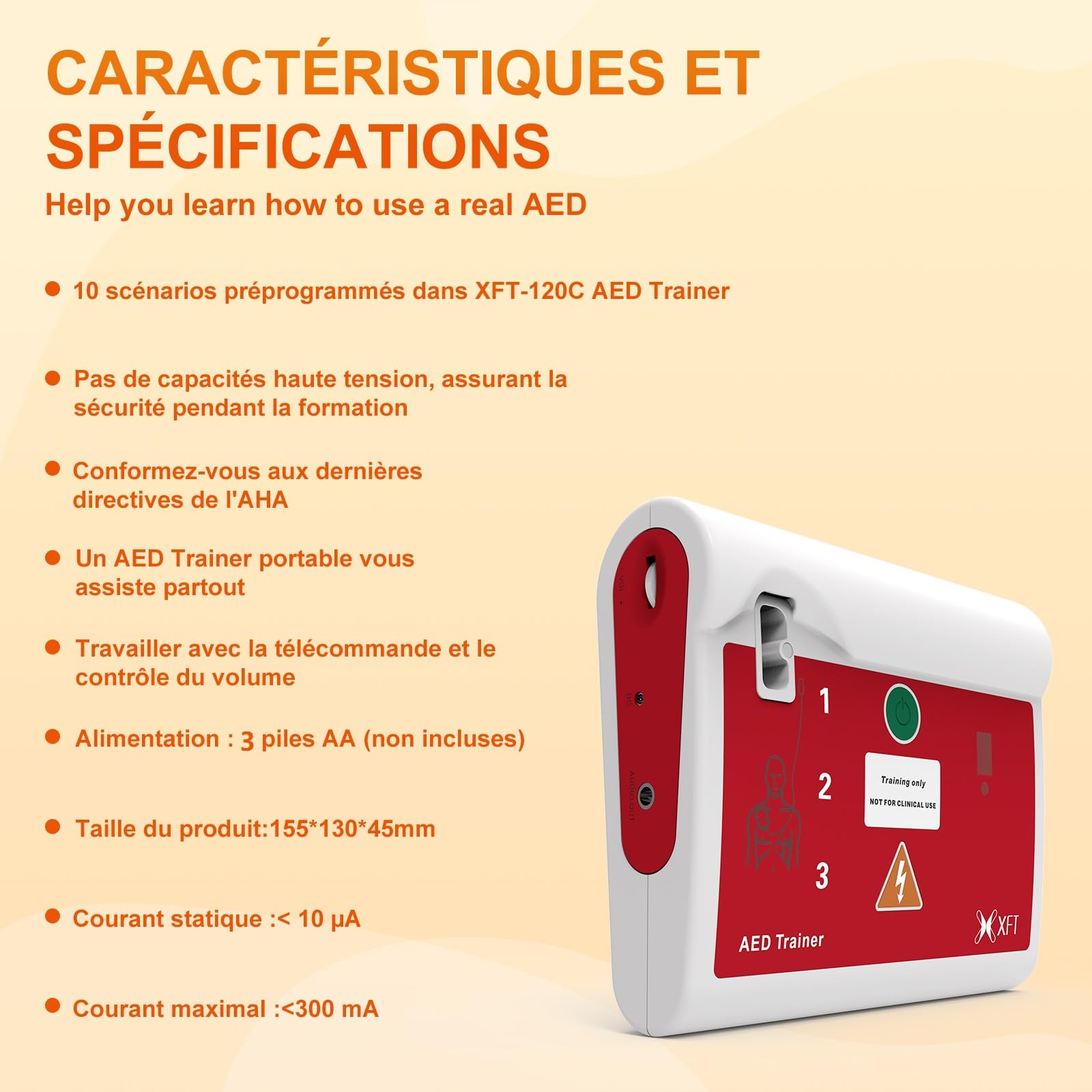 Défibrillateur de Formation - Appareil d'Entraînement de Défibrillateurs, 10 Scénarios Différents, Instructions Vocales en Français/Anglais avec Télécommande pour Formateur Défibrillateur (XFT-120C)