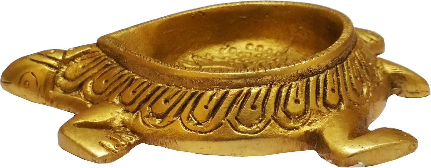Purpledip Brass Tortoise Diya: Holy Oil Lamp Deepam; Feng Shui Vastu Good Luck Light (11570)