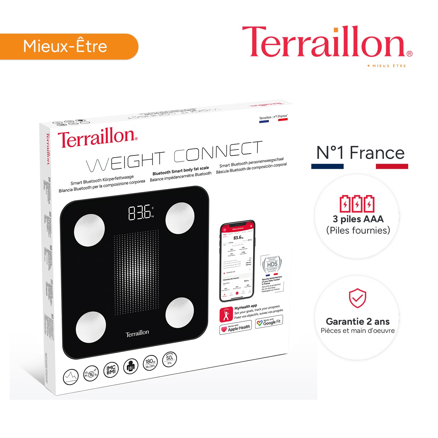 TERRAILLON - Balance Pese personne, Connectée Bluetooth avec application, Analyse Corporelle prècise (IMC, graisse, musculaire, hydrique), Haute précision à 50 gr et jusqu'à 180Kg, WEIGHT CONNECT