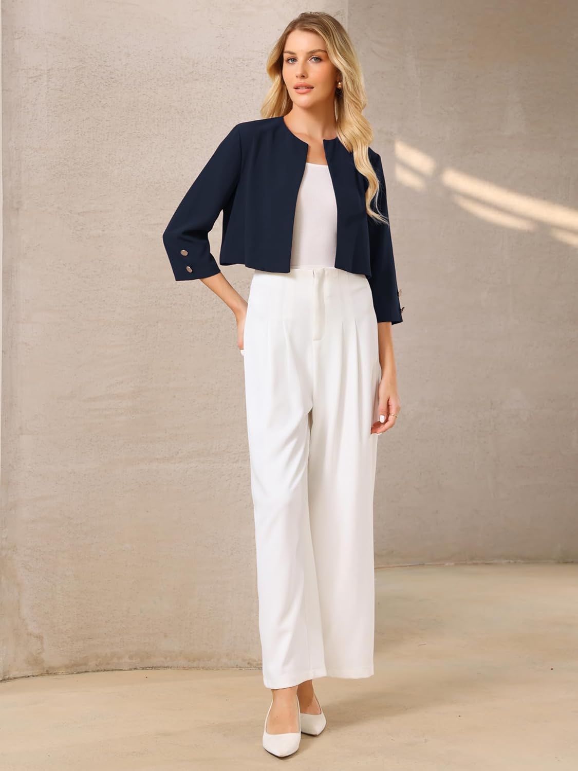 Hobemty Women's Collarless Blazers 3/4 Sleeve Dressy Casual Cropped Jacket