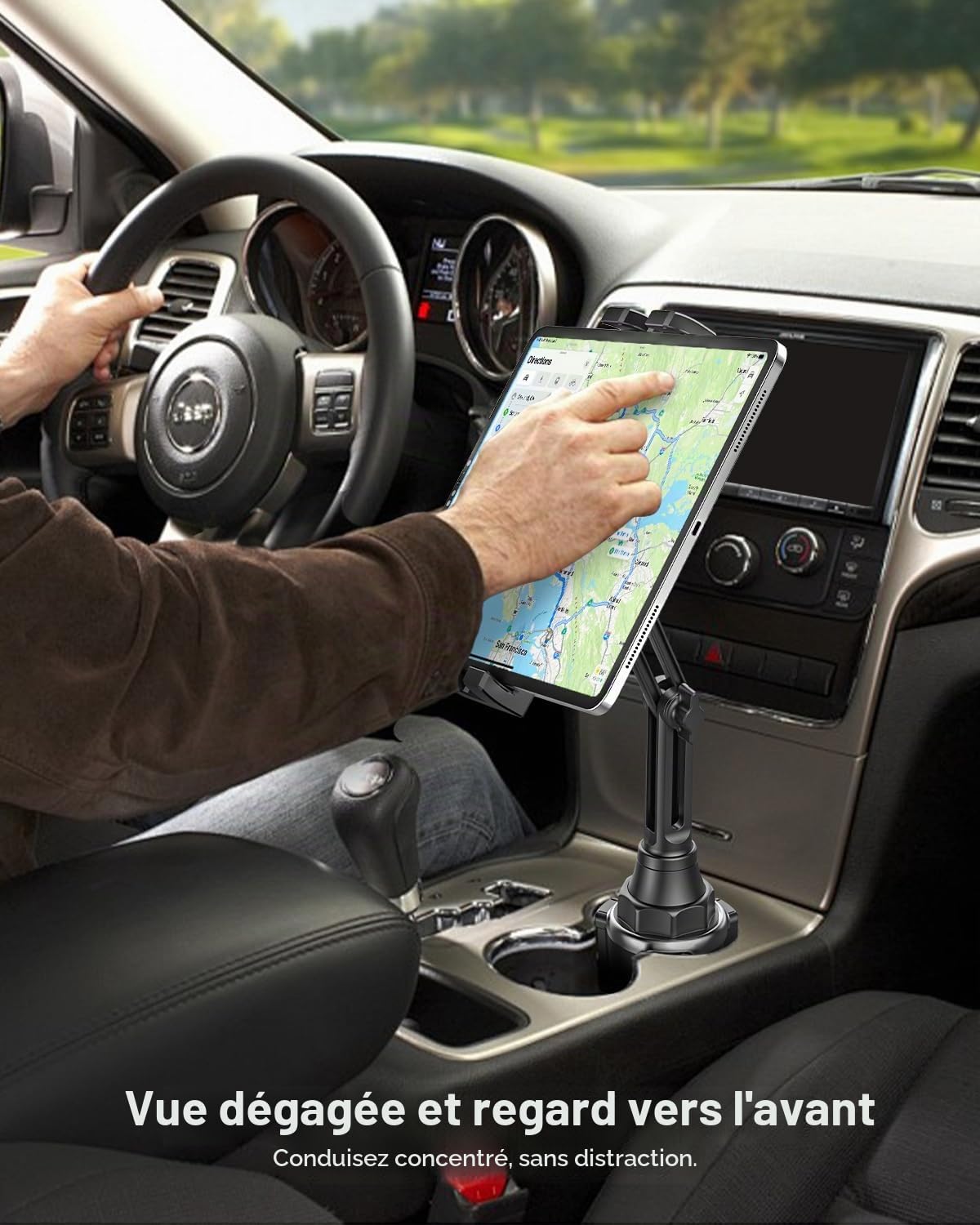 Support Tablette Voiture Gobelet, woleyi Universel Porte Gobelet Tablette avec Bras Télescopique, Support Téléphone Voiture Tasse, Pour iPad Pro 12.9 10.5 9.7 Air Mini 5 4 3 2, iPhone Series 4-13"