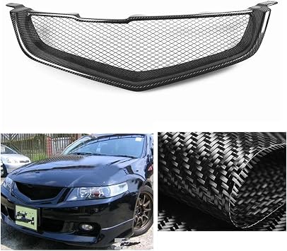 Compatible For Honda Accord CL7 Euro R Acura TSX 2003-2005 Front Grille Grill Real Carbon Fiber/Fiberglass Upper Bumper Hood Mesh Grid KitFiberglass