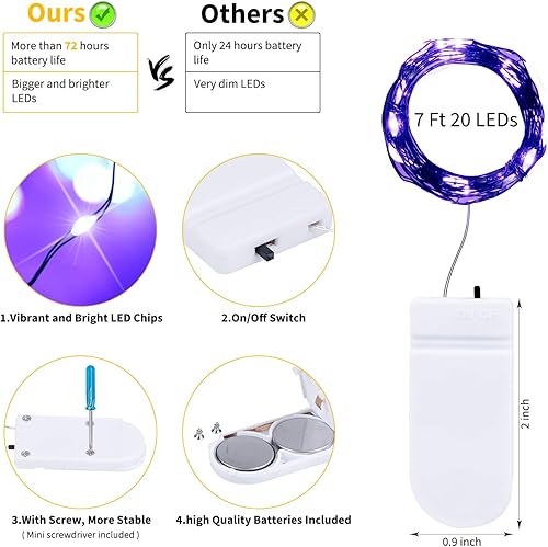 Miniatura 7 de Guirnalda de luces de hadas moradas de Halloween paquete de 12 luces LED de 7 pies con 20 luces LED de luciérnaga con cable negro, luces de luna