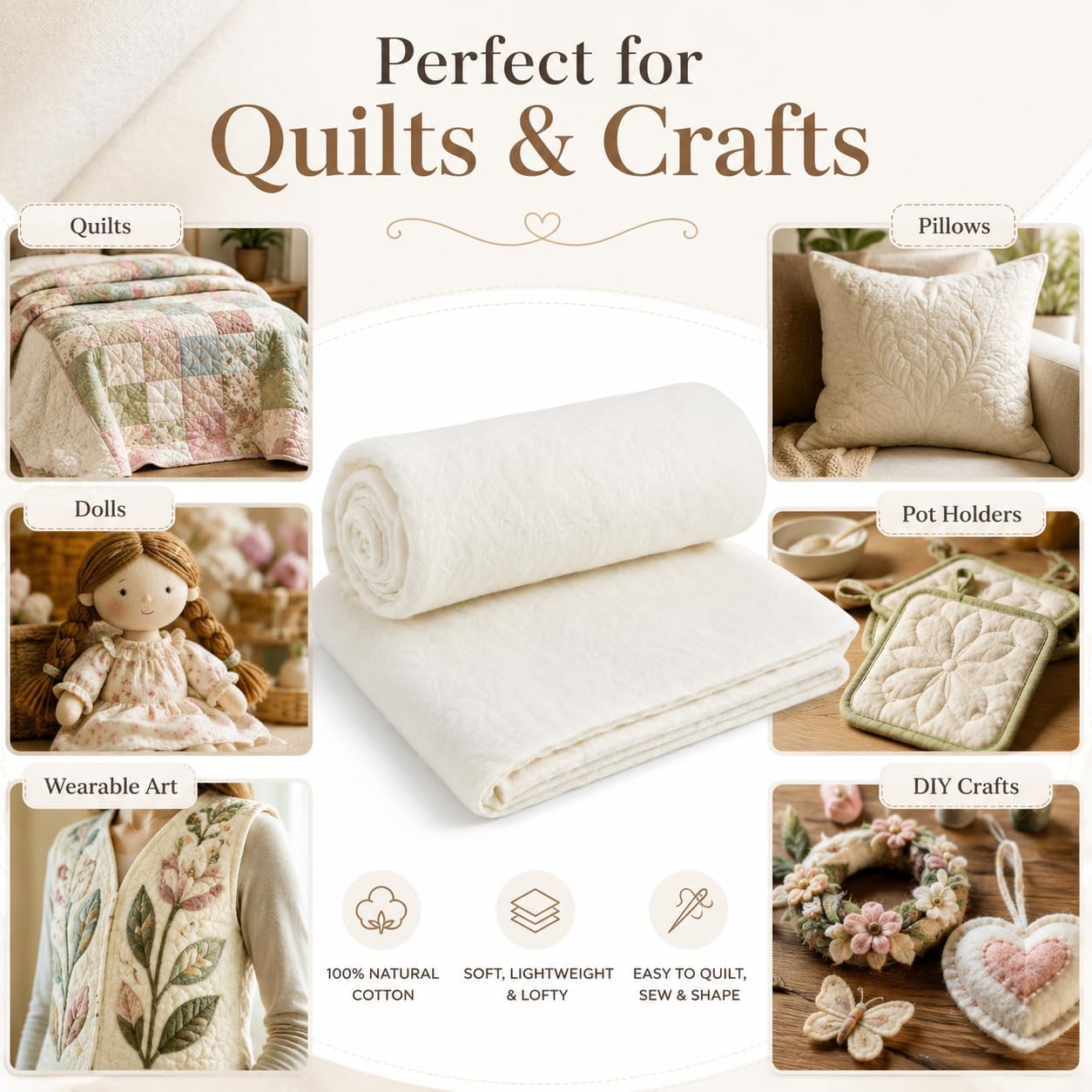 Natural Cotton Batting for Quilting, 200 g/m² Premium Cotton Quilt Batting Fabric, Lightweight & Breathable Quilt Filling for Sewing, Crafts, Blankets, Pillows and DIY Projects, 47 x 59 Inch