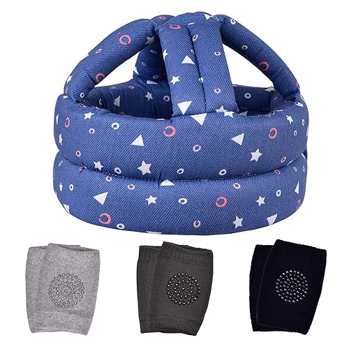 TORASO Casco de bebé y rodilleras para gatear y caminar, edad de 6 a 36 meses, formas azules (A)