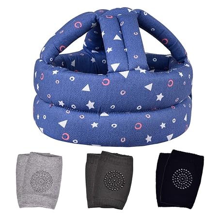 TORASO Baby Head Protector & Baby Knee Pads for Crawling,Infant Safety Helmet & Walking Baby Helmet�for Age 6-36 Months, Blue Shapes(B)