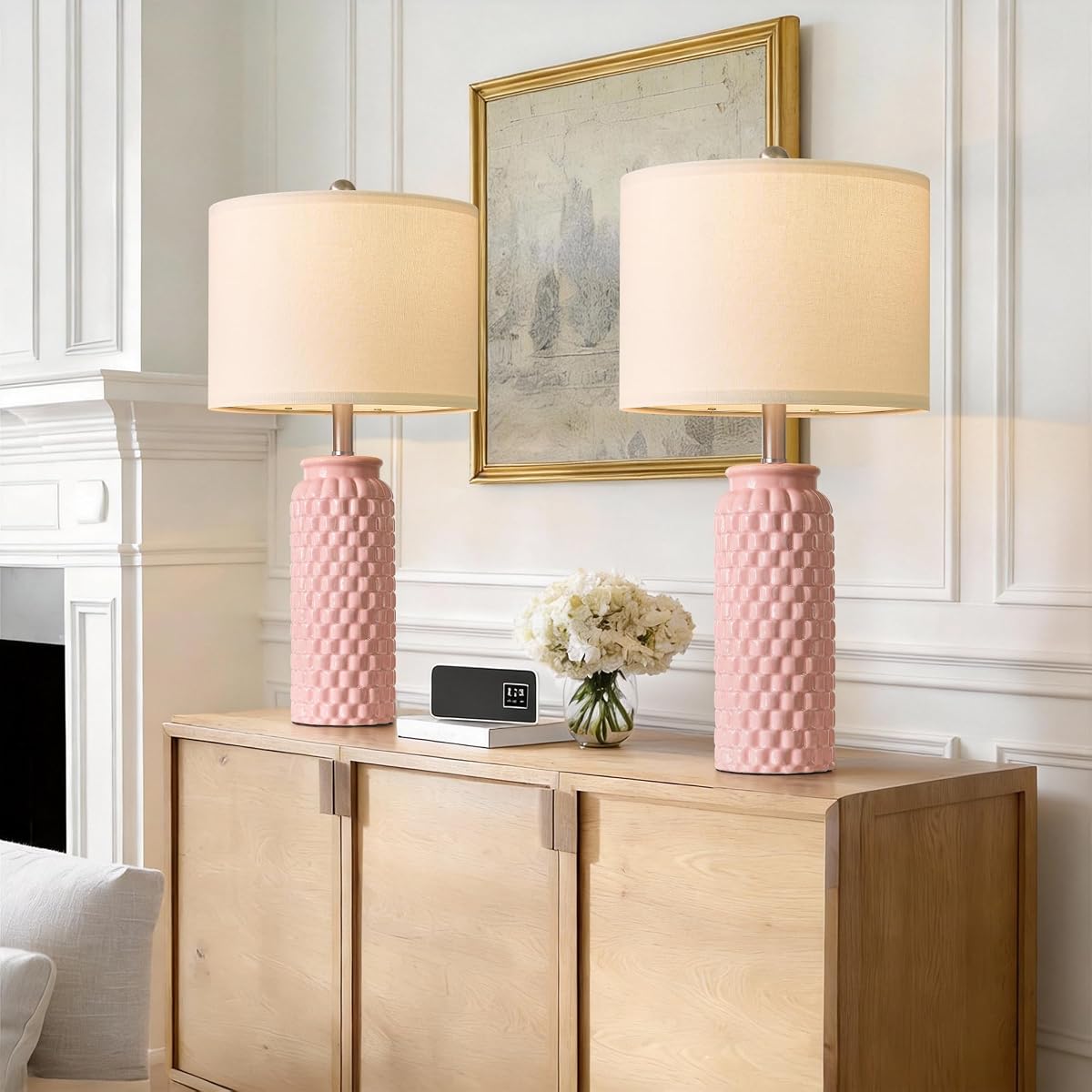 USumkky 24 Modern Ceramic Pink Bedside Lamp Set of 2 Table Lamp for Bedroom