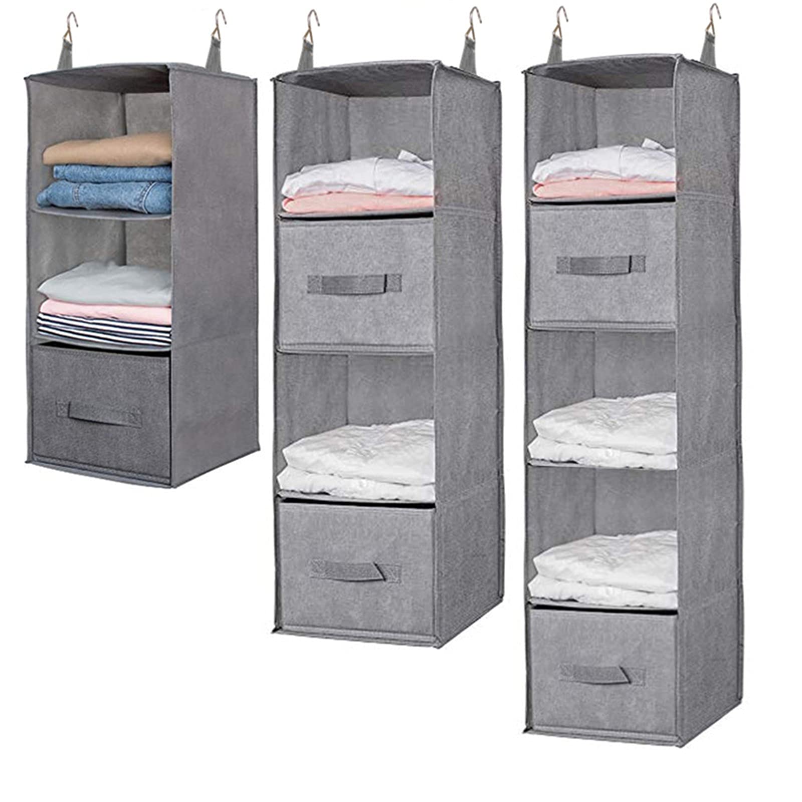 Organizador colgante con compartimentos, multifuncional, con 2 ganchos de metal (gris, 3 niveles con 1 cajón)